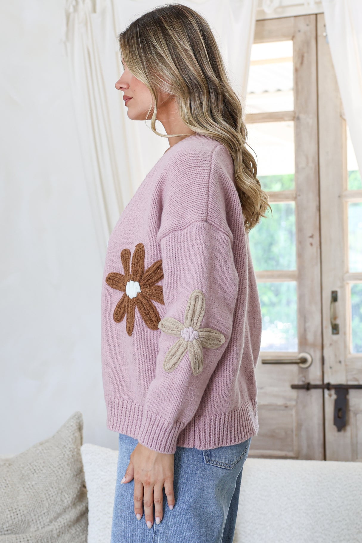 Daisy Belle Cardigan - Cropped Thick Knit Cardigan with Flower Decals in Light Mauve
