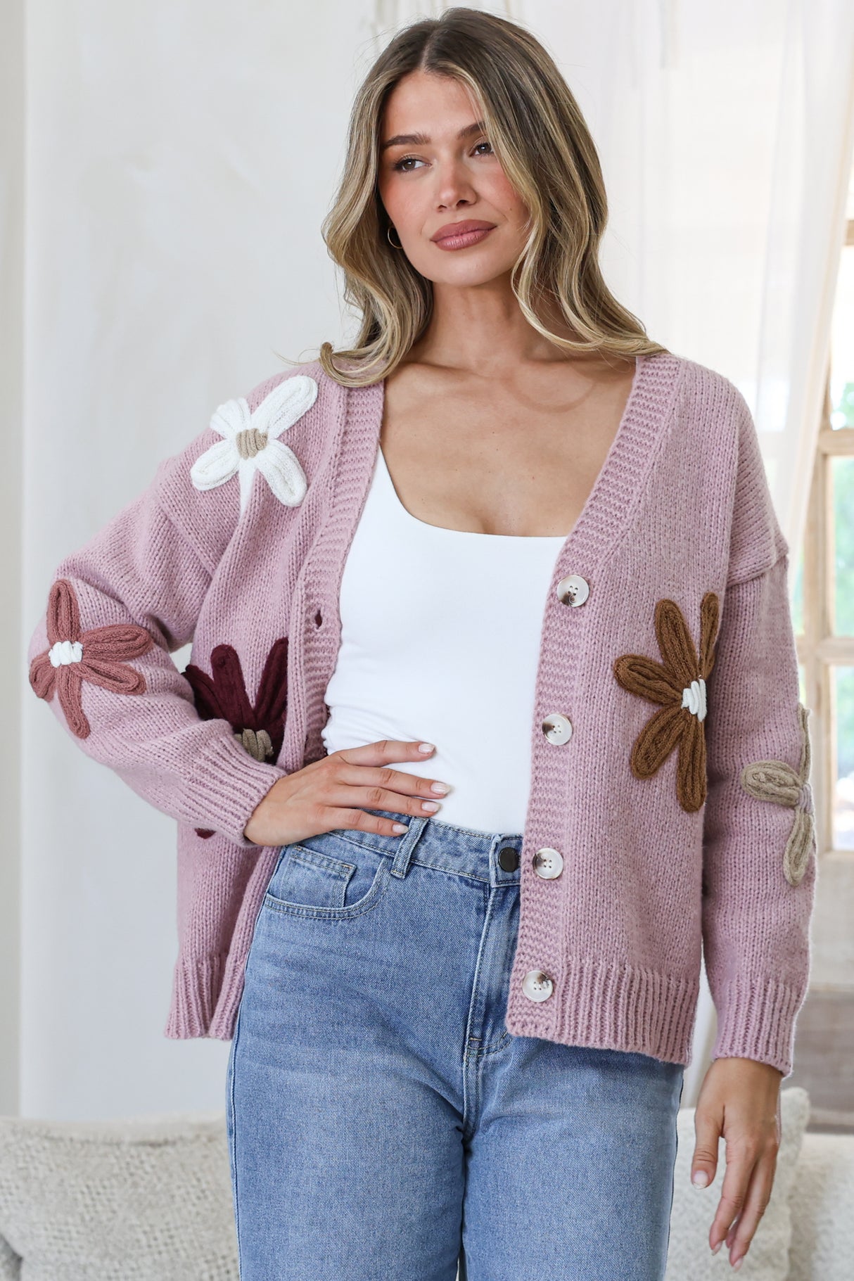Daisy Belle Cardigan - Cropped Thick Knit Cardigan with Flower Decals in Light Mauve