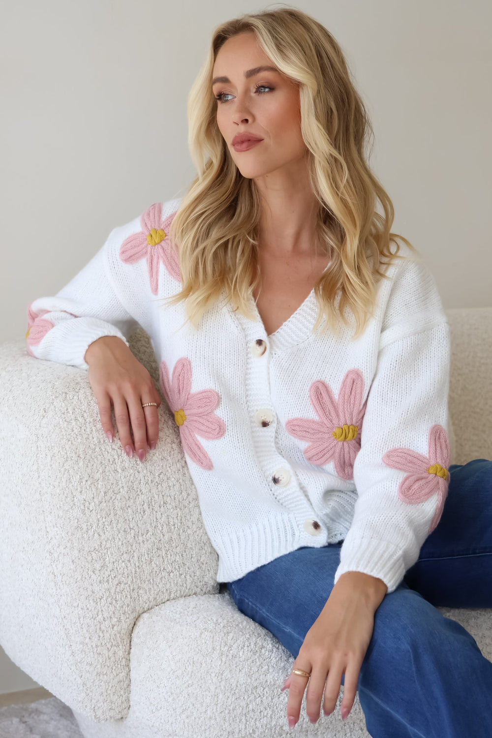Daisy Belle Cardigan - Cropped Thick Knit Cardigan with Flower Decals in White