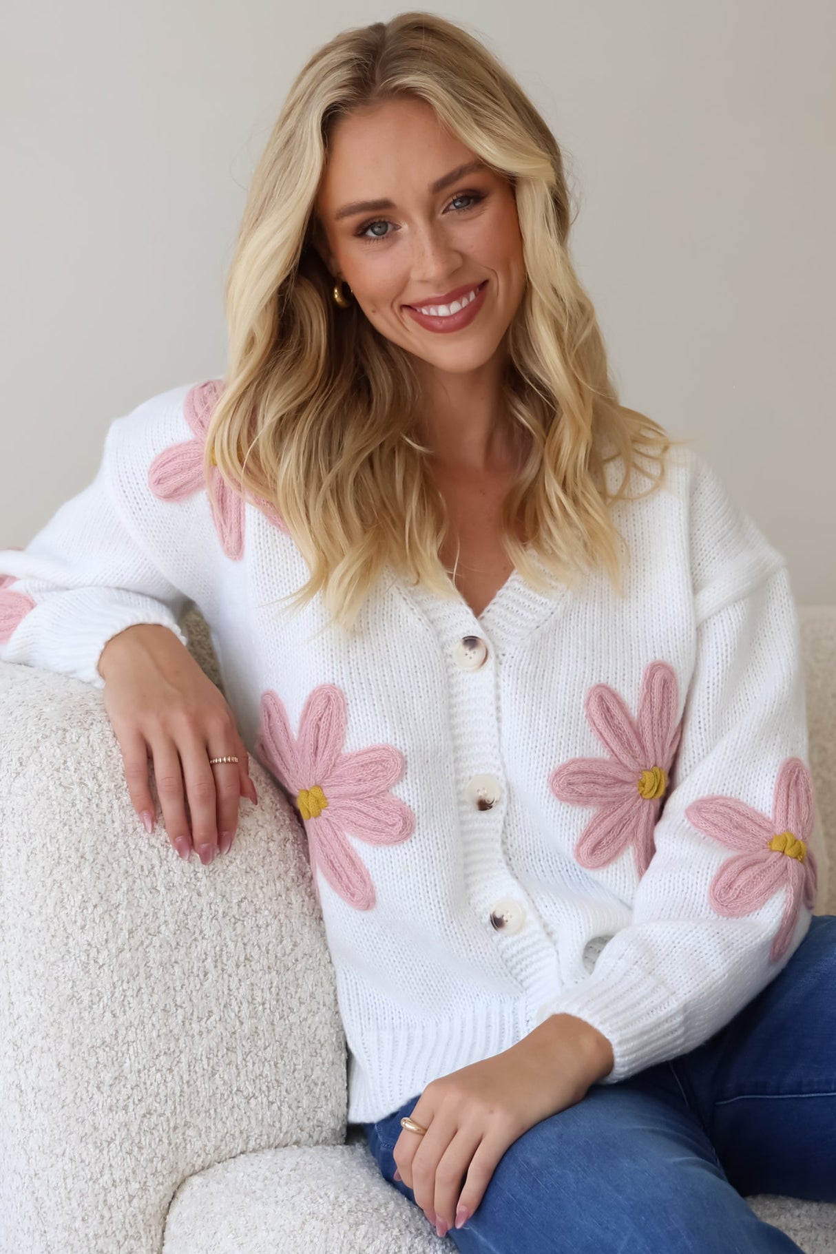 Daisy Belle Cardigan - Cropped Thick Knit Cardigan with Flower Decals in White