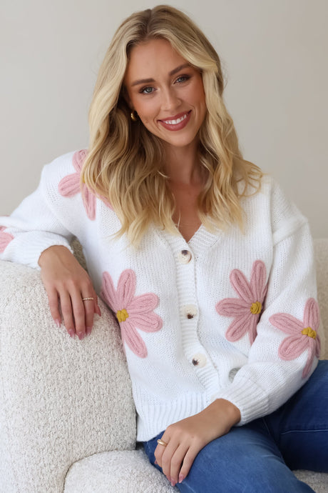 Daisy Belle Cardigan - Cropped Thick Knit Cardigan with Flower Decals in White