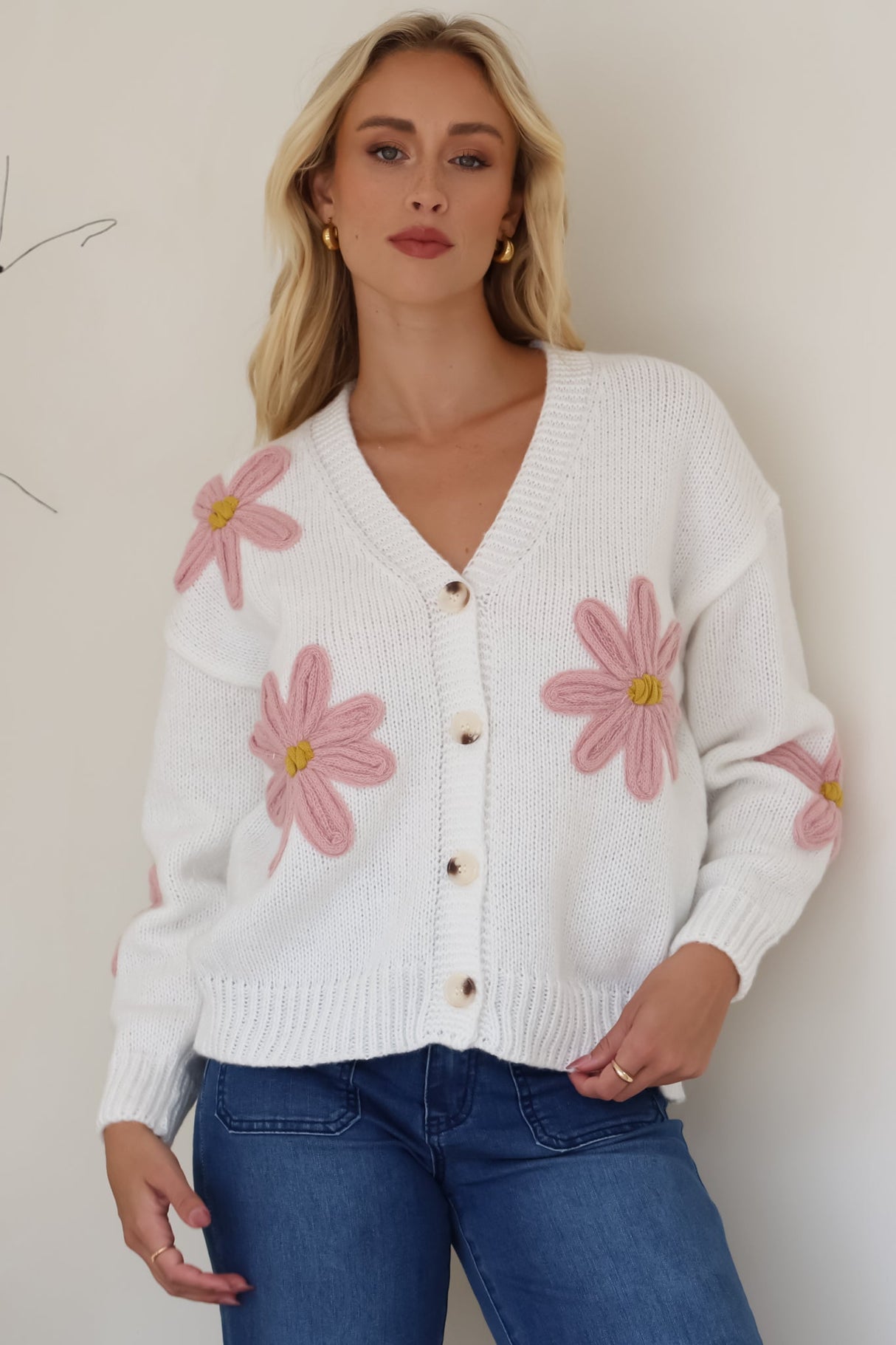 Daisy Belle Cardigan - Cropped Thick Knit Cardigan with Flower Decals in White