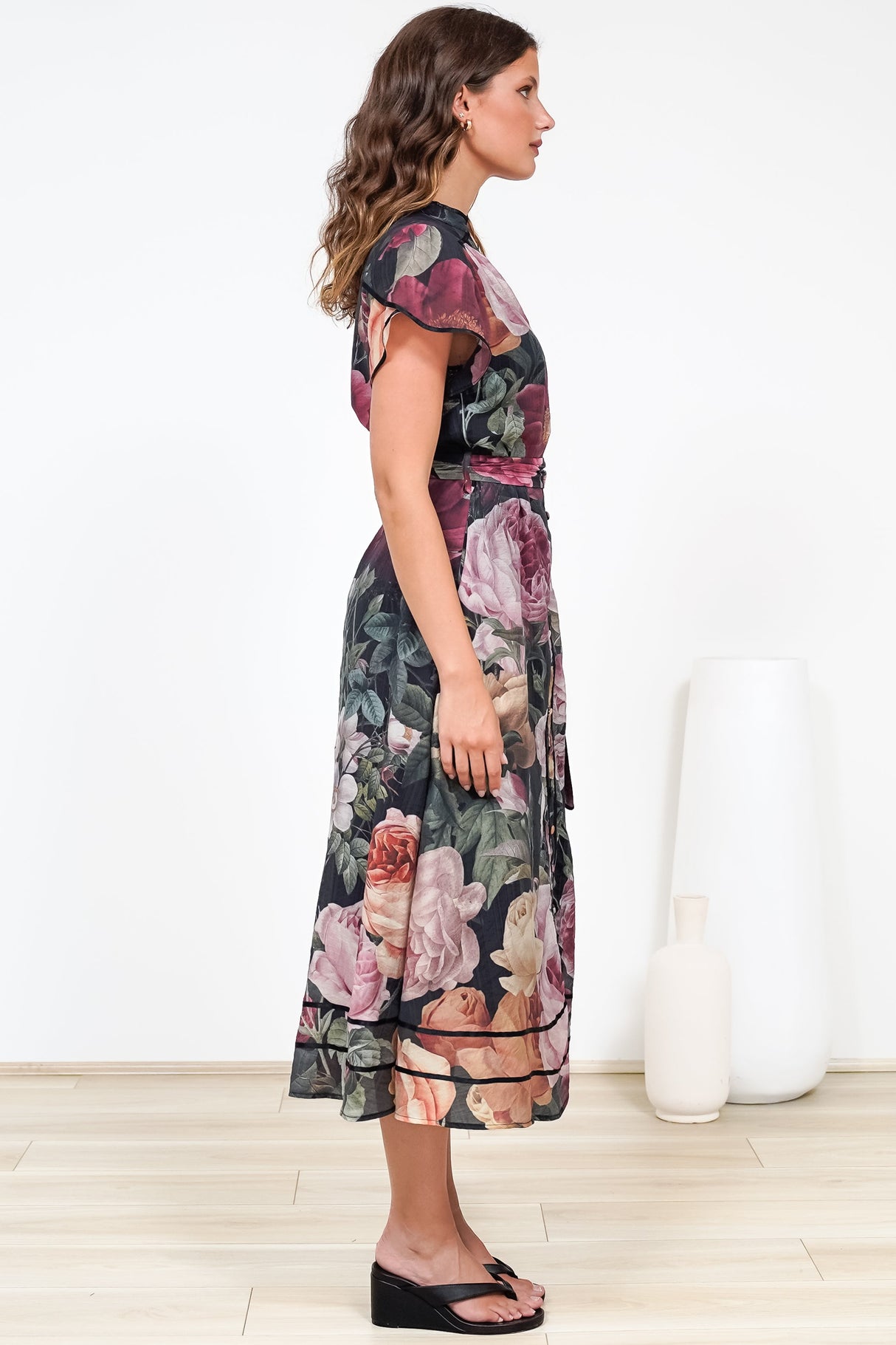 Dakota Midi Dress - Contrast Trim Shirt Dress with Flutter Sleeves and Belt in Annalisa Print