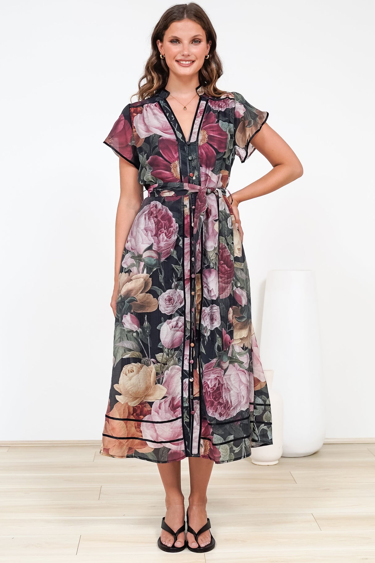 Dakota Midi Dress - Contrast Trim Shirt Dress with Flutter Sleeves and Belt in Annalisa Print