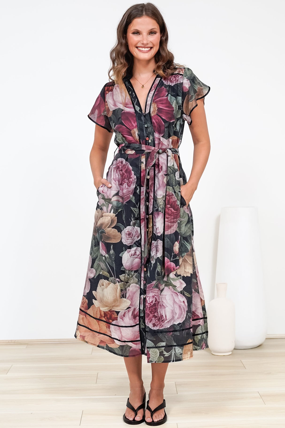 Dakota Midi Dress - Contrast Trim Shirt Dress with Flutter Sleeves and Belt in Annalisa Print