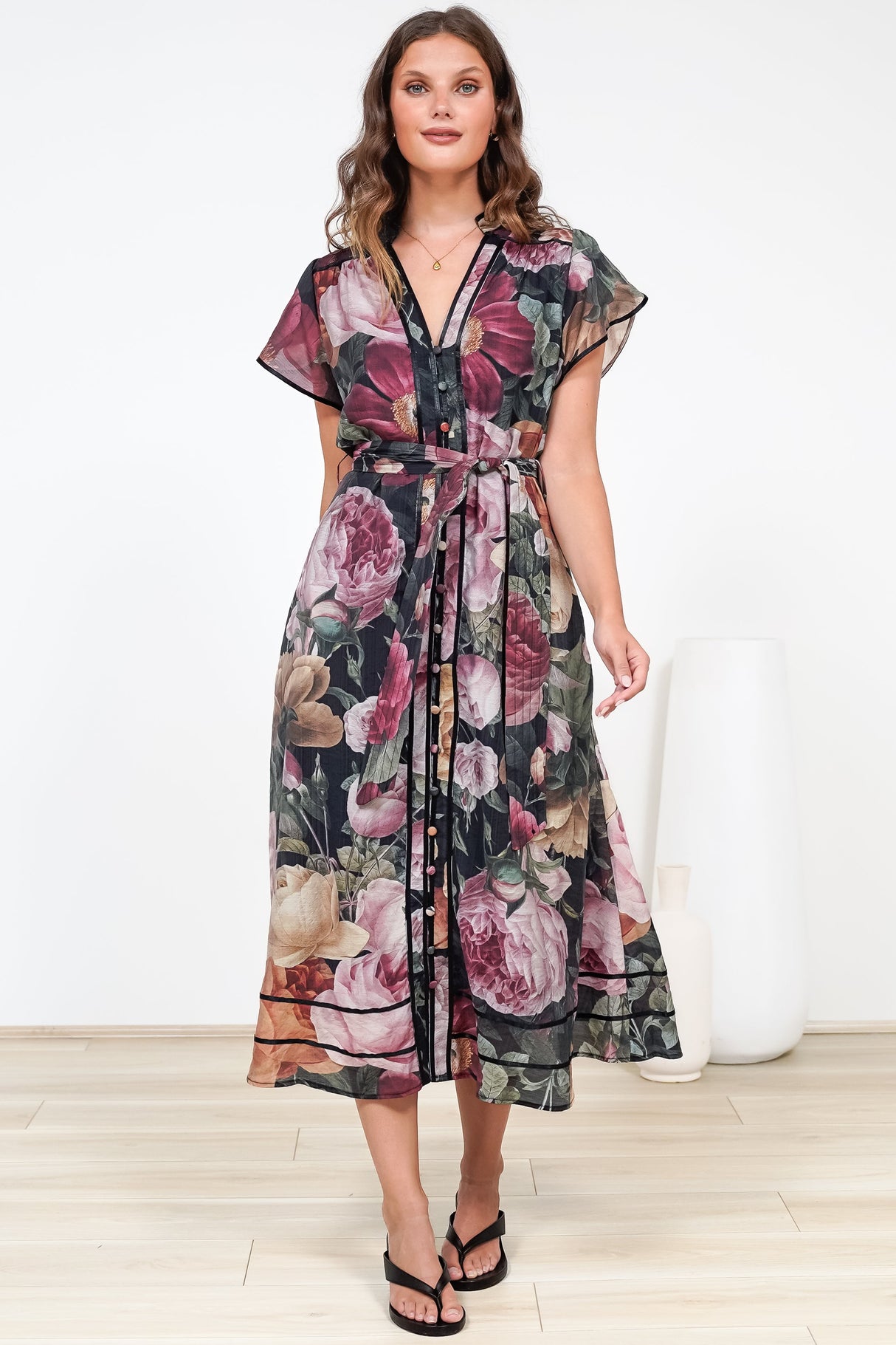 Model wearing Dakota Midi Dress in Annalisa Print from Salty Crush