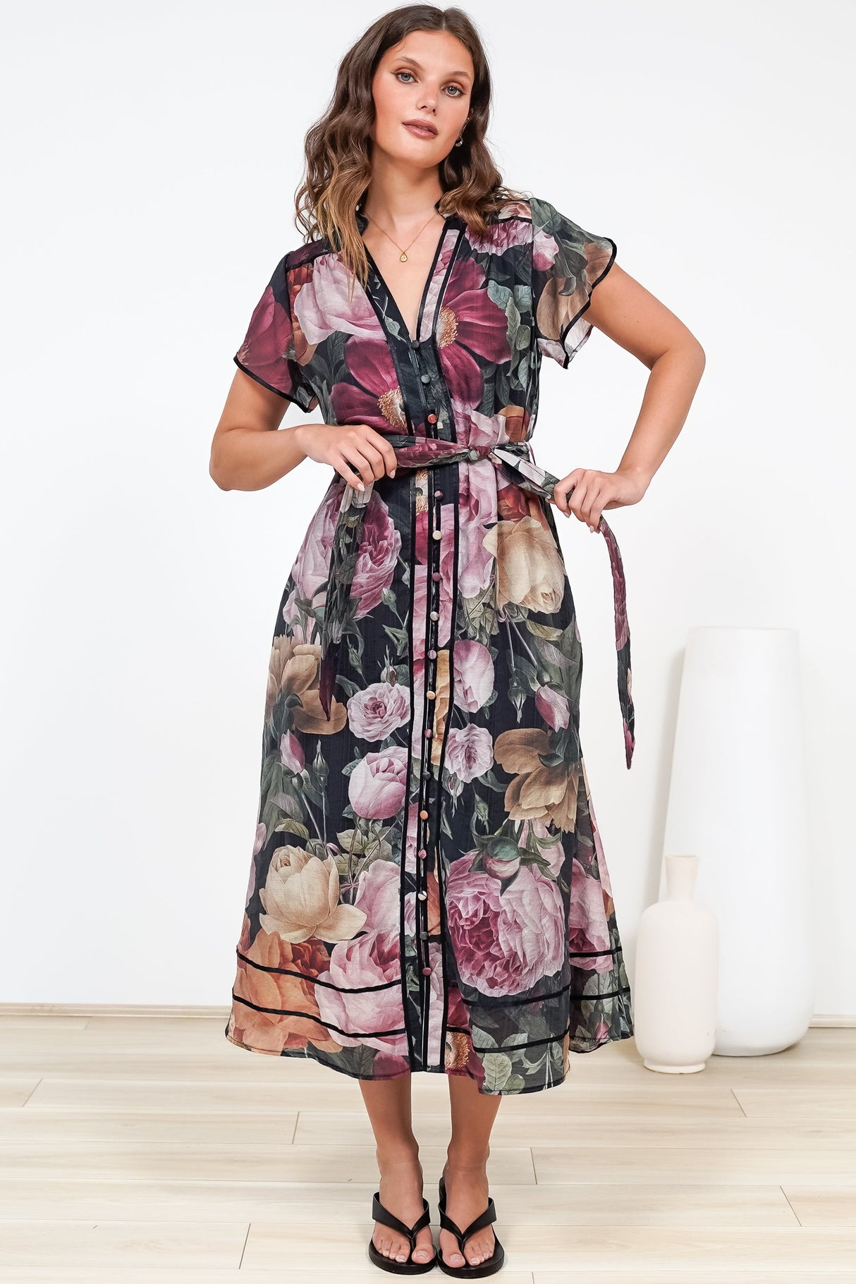 Dakota Midi Dress - Contrast Trim Shirt Dress with Flutter Sleeves and Belt in Annalisa Print