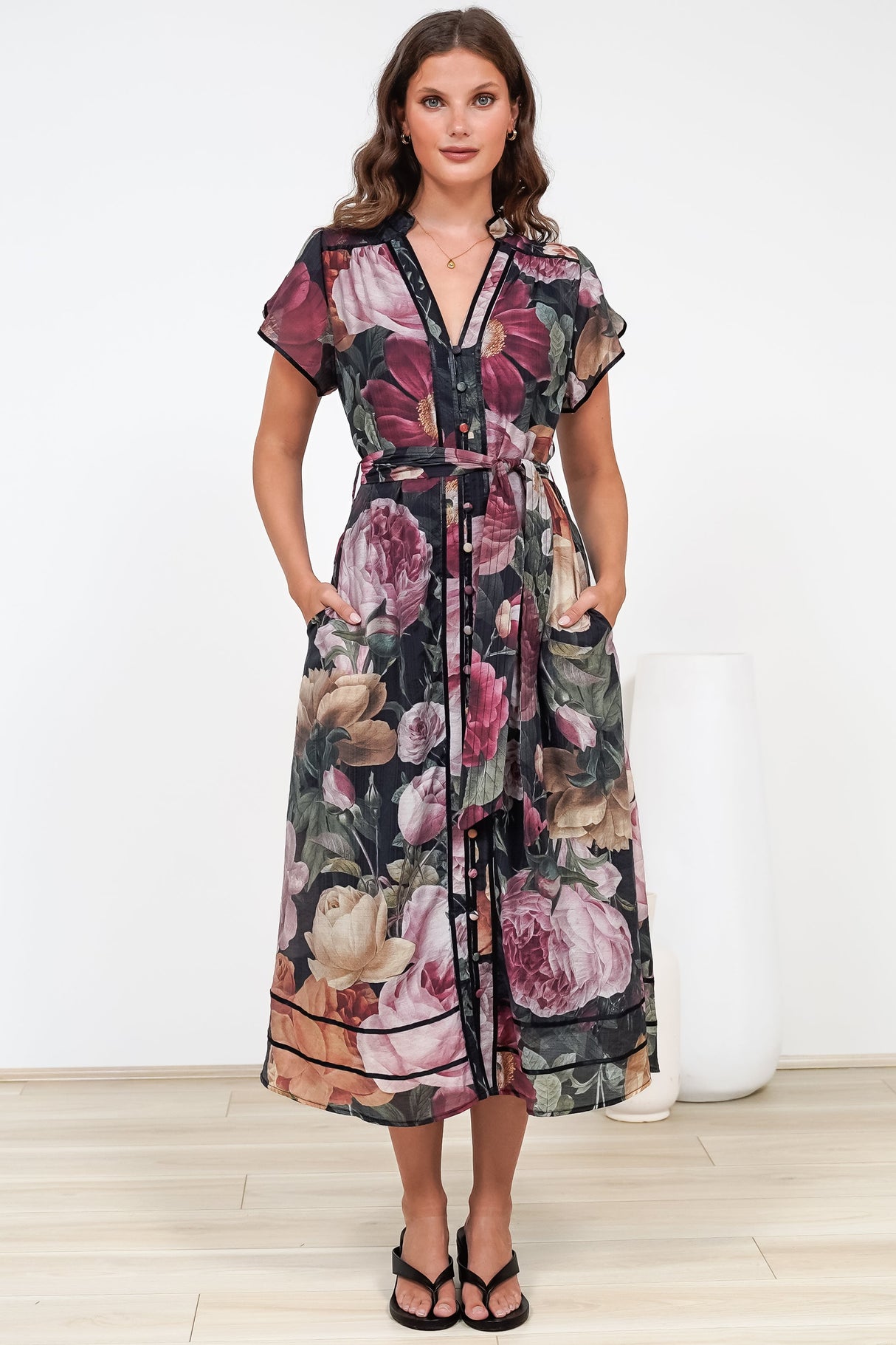 Dakota Midi Dress - Contrast Trim Shirt Dress with Flutter Sleeves and Belt in Annalisa Print