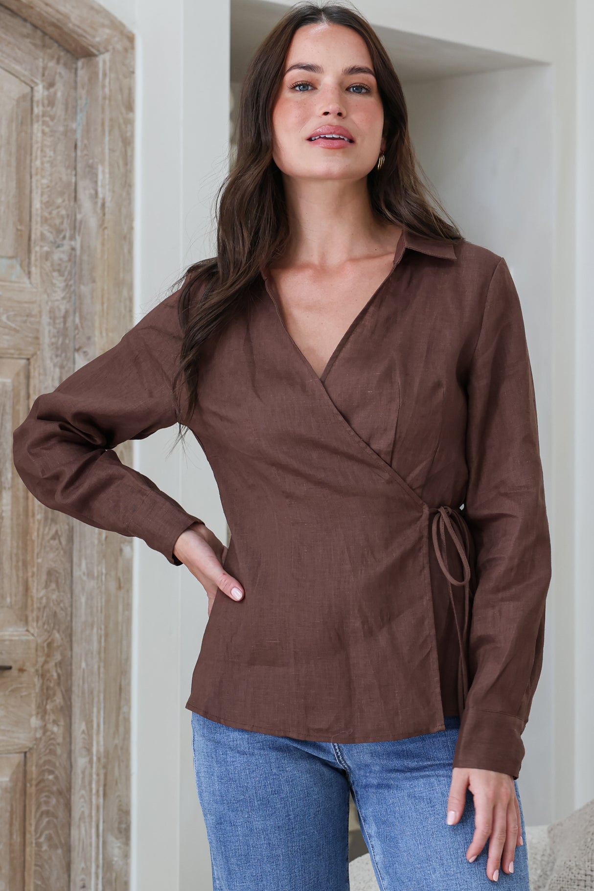 Daley Top - Wing Collar V Neck Wrap at the Waist Linen Top in Chocolate