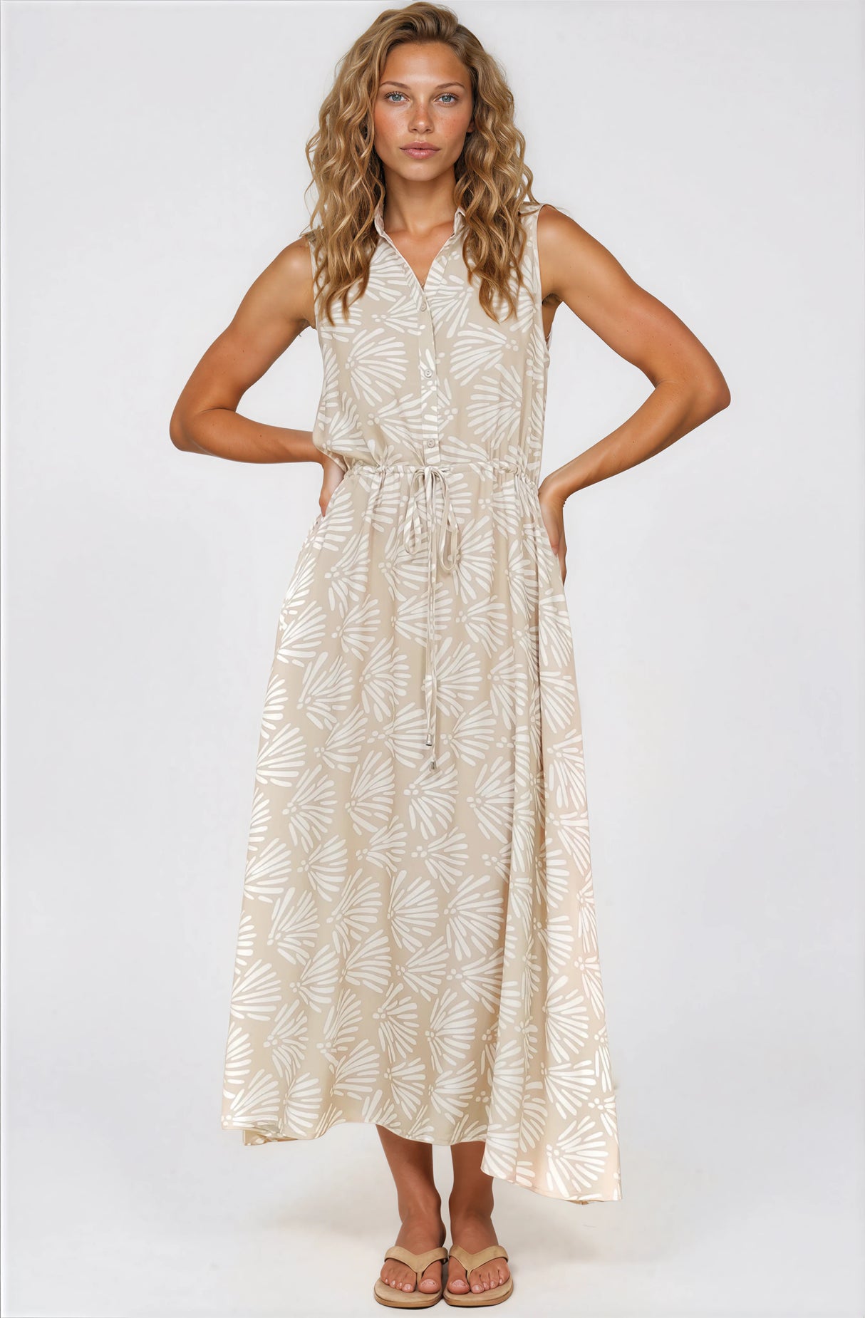 Danika Maxi Dress - Sleeveless Shirt Dress with Pull Waist Tie in Catia Print Beige