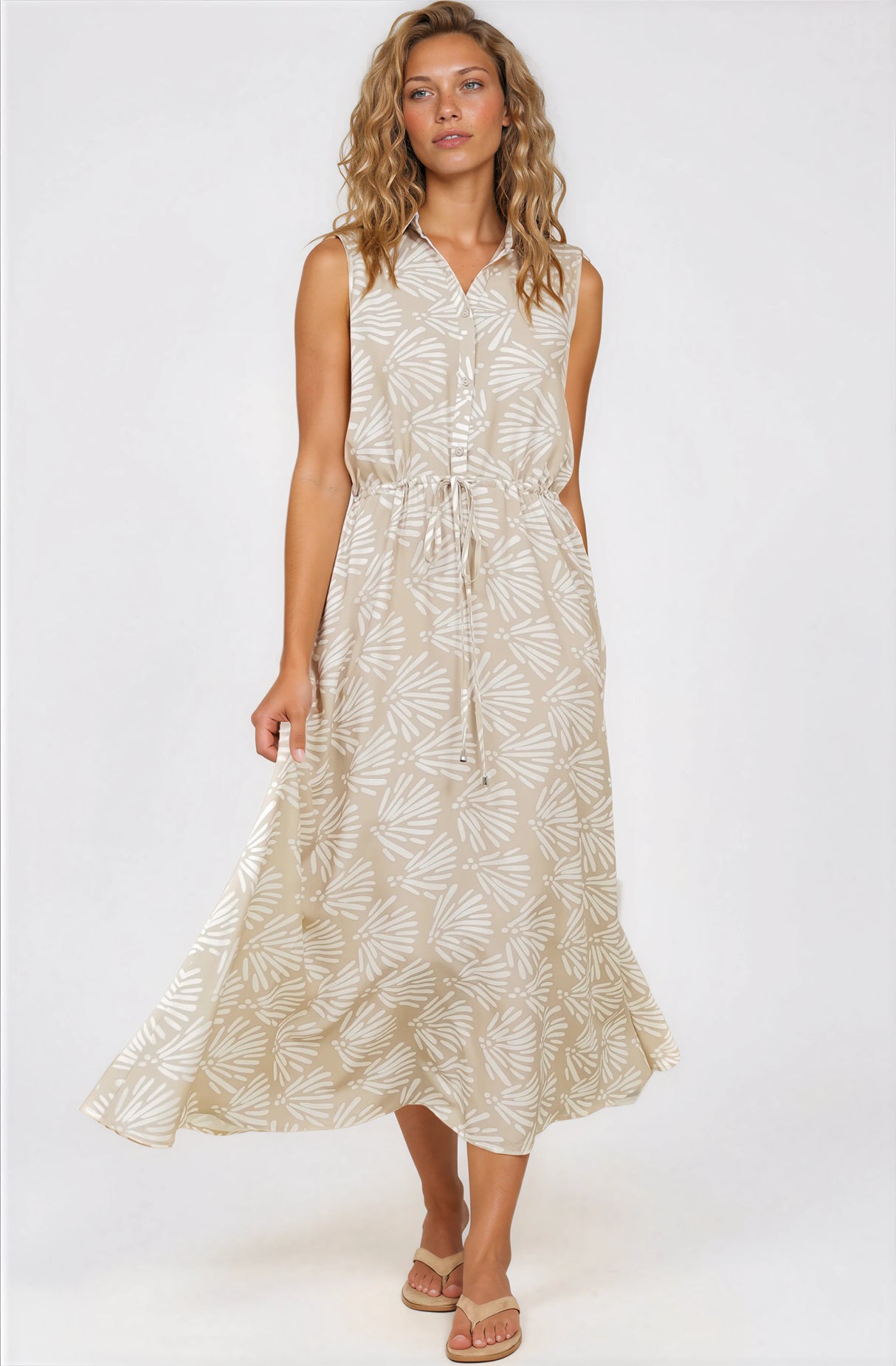 Danika Maxi Dress - Sleeveless Shirt Dress with Pull Waist Tie in Catia Print Beige