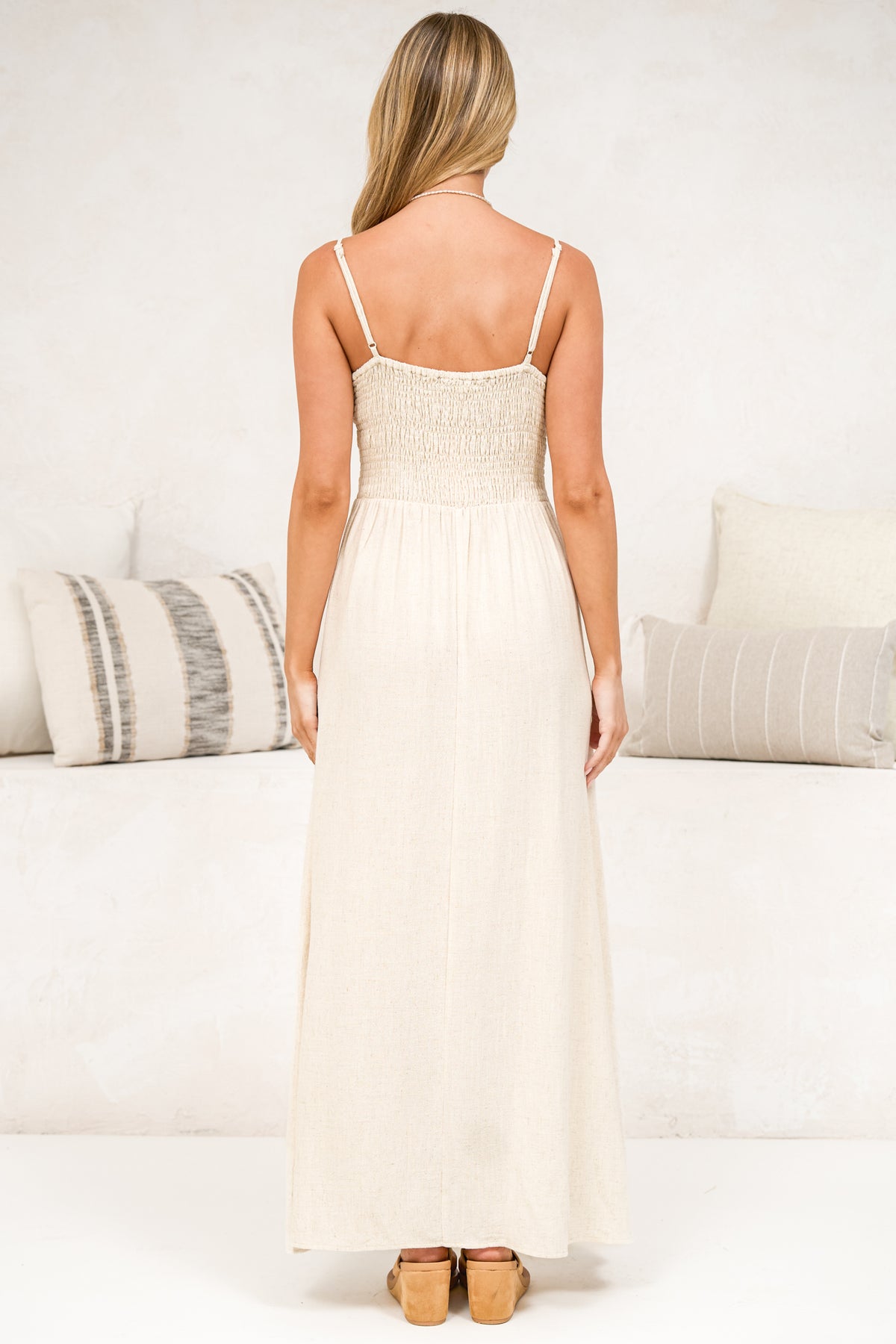 Danila Midi Dress - Front Tie Bodice Cut Out Detail Midi with Adjustable Straps in Beige