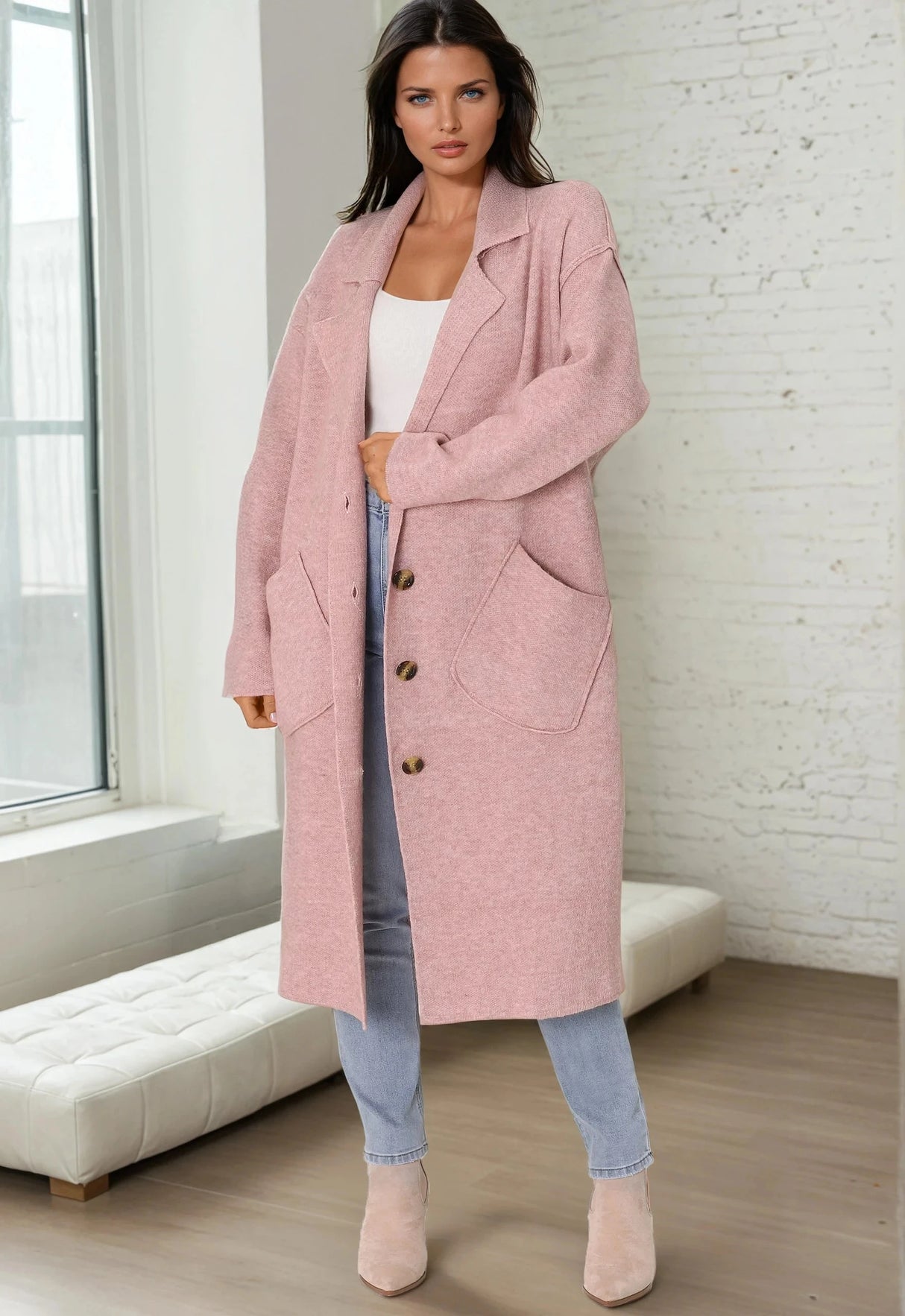 Davie Cardigan - Collared Button Down Coatigan in Pink