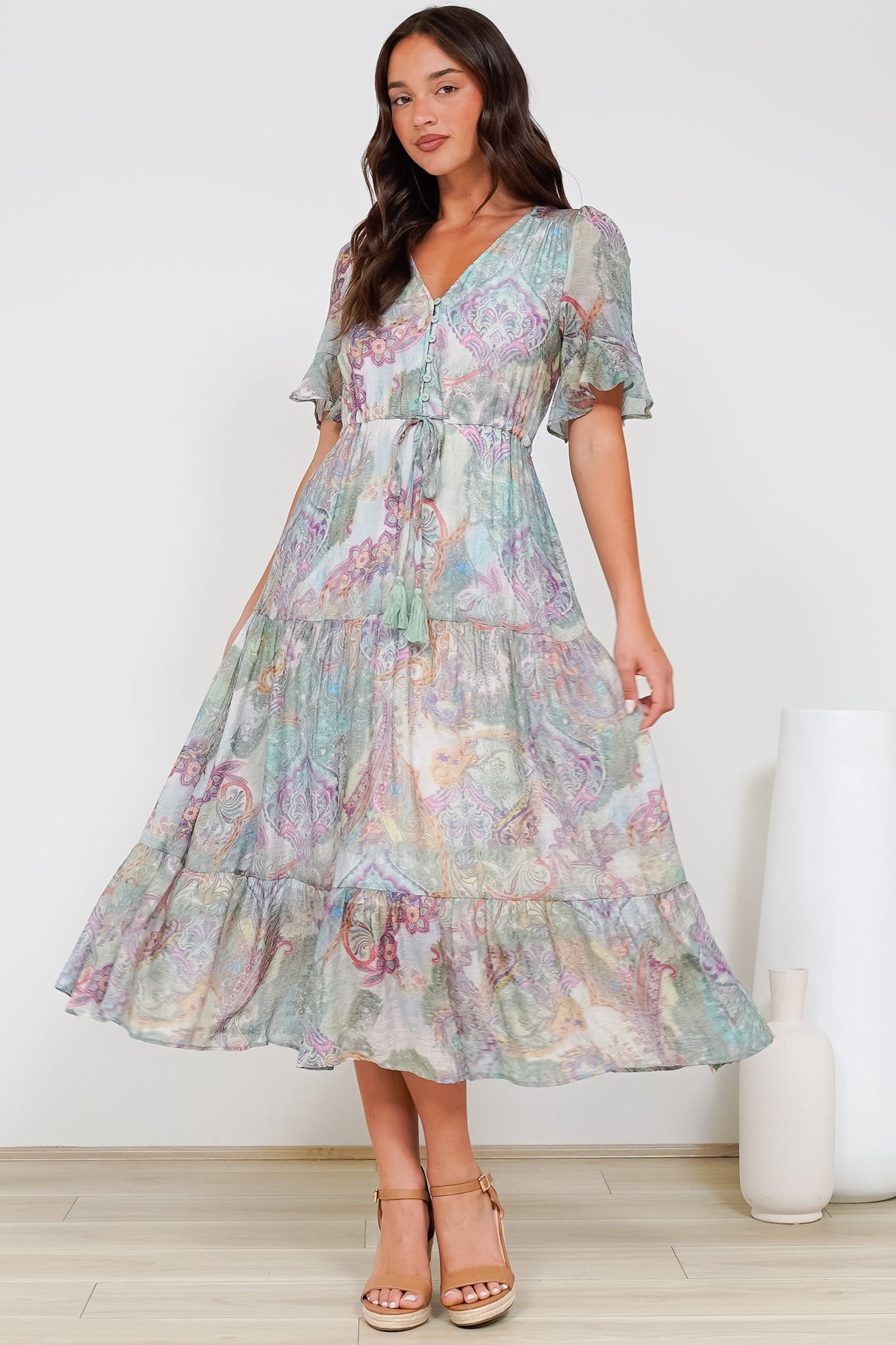 Dayla Midi Dress - Pull Tie Waist A-Line Dress with Ruffle Trim Sleeves in Contessa Print