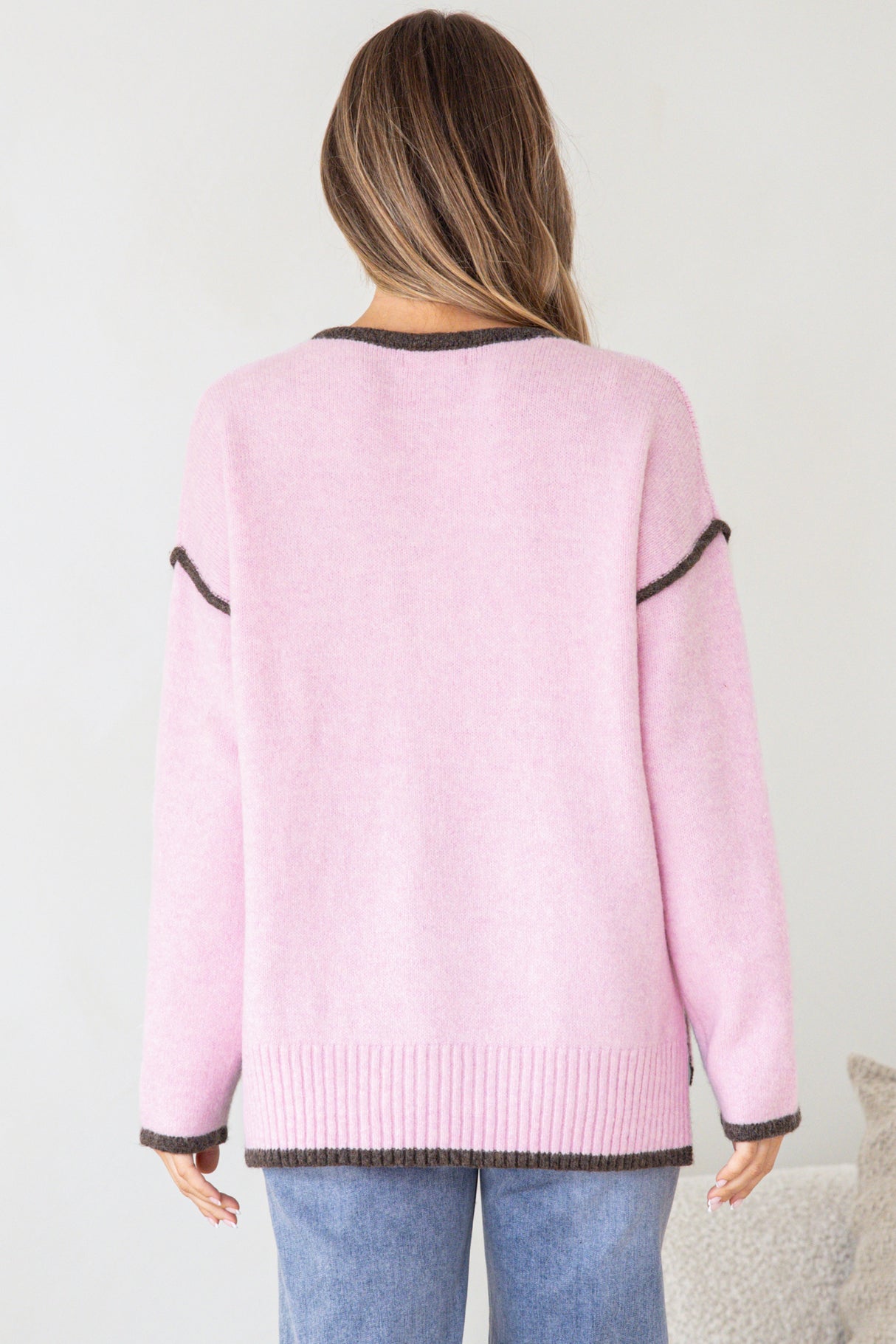 Dean Jumper - Crew Neck Contrast Trim Step Hem Knit in Pink