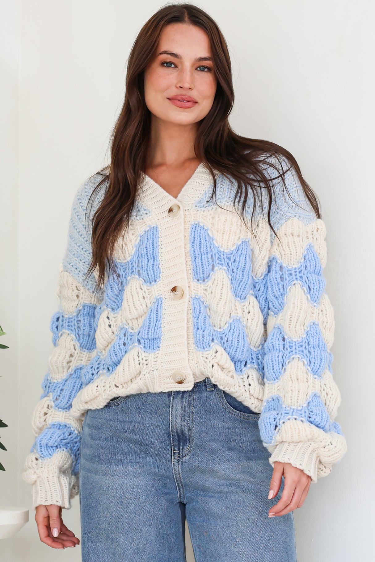 Deborah Cardigan - Relaxed Button Front Stripe Bubble Knit in Blue