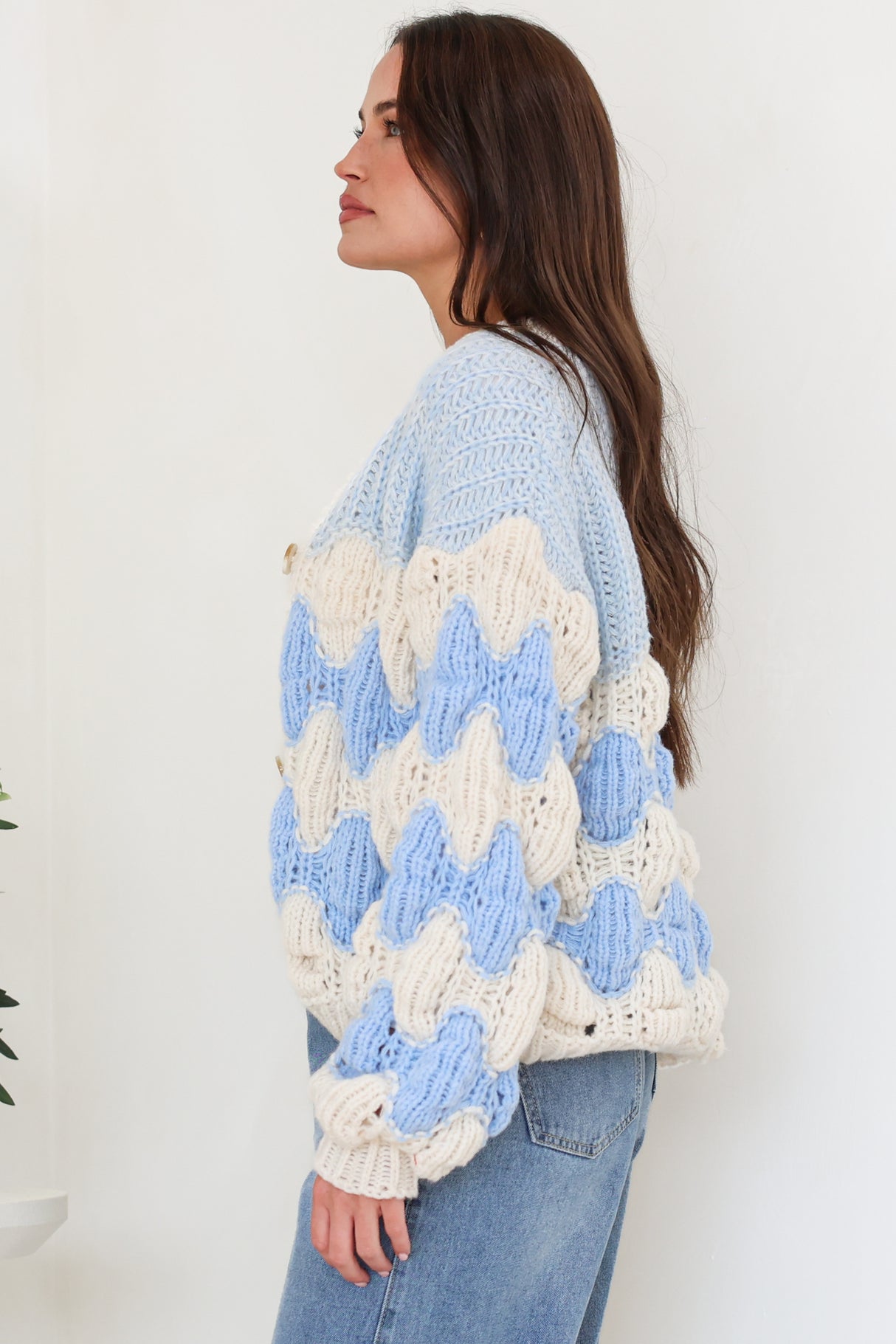 Deborah Cardigan - Relaxed Button Front Stripe Bubble Knit in Blue