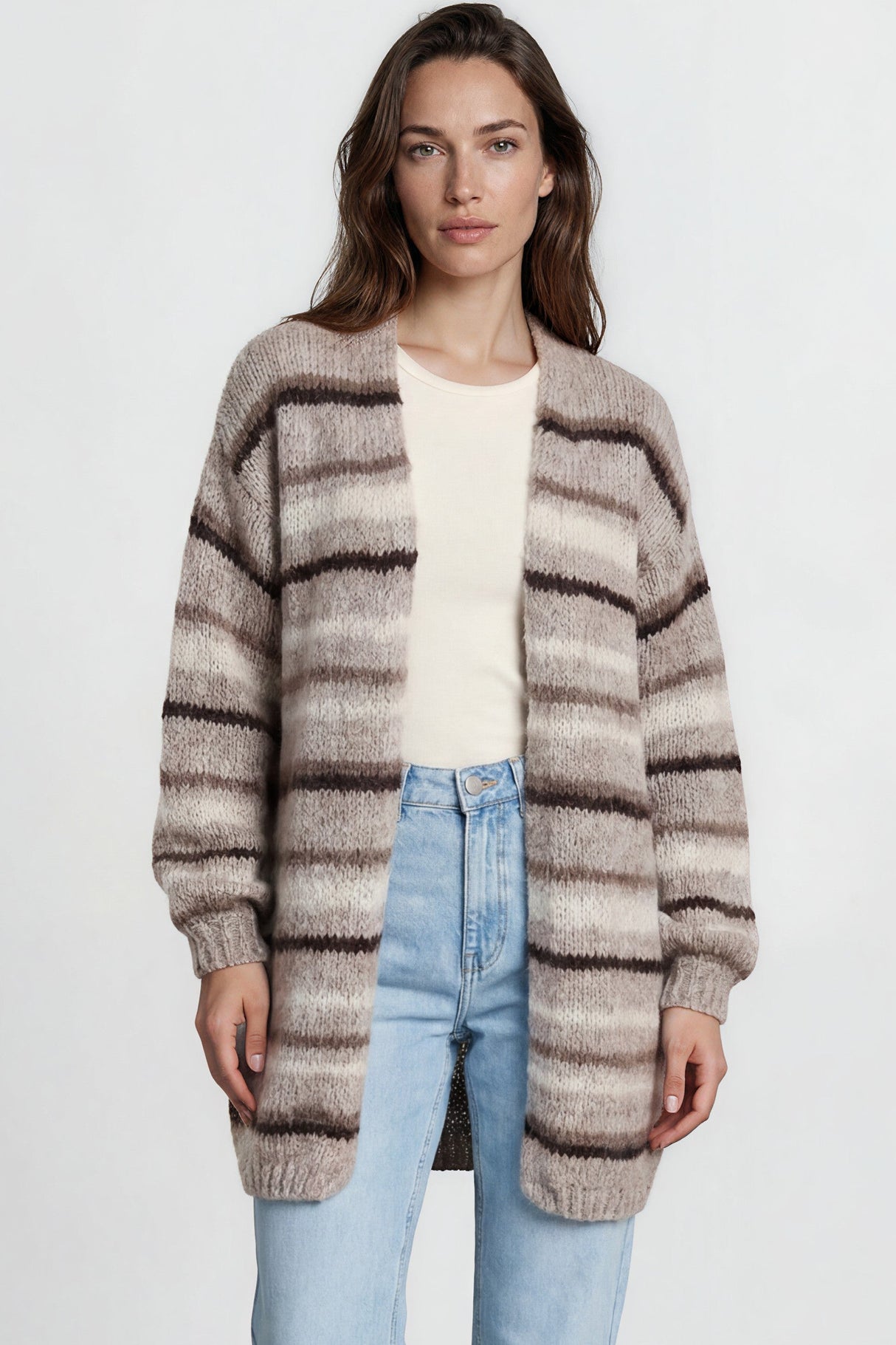Model wearing Delaney Cardigan in Brown from Salty Crush