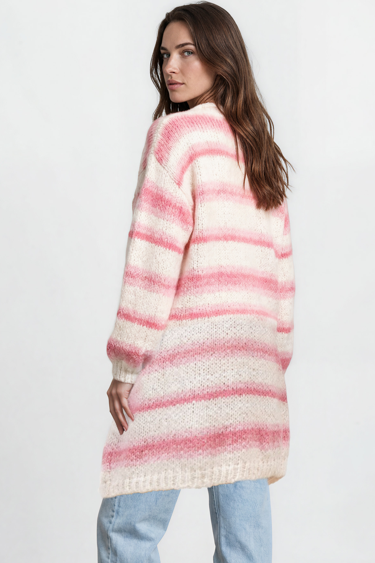 Model wearing Delaney Cardigan in Pink from Salty Crush
