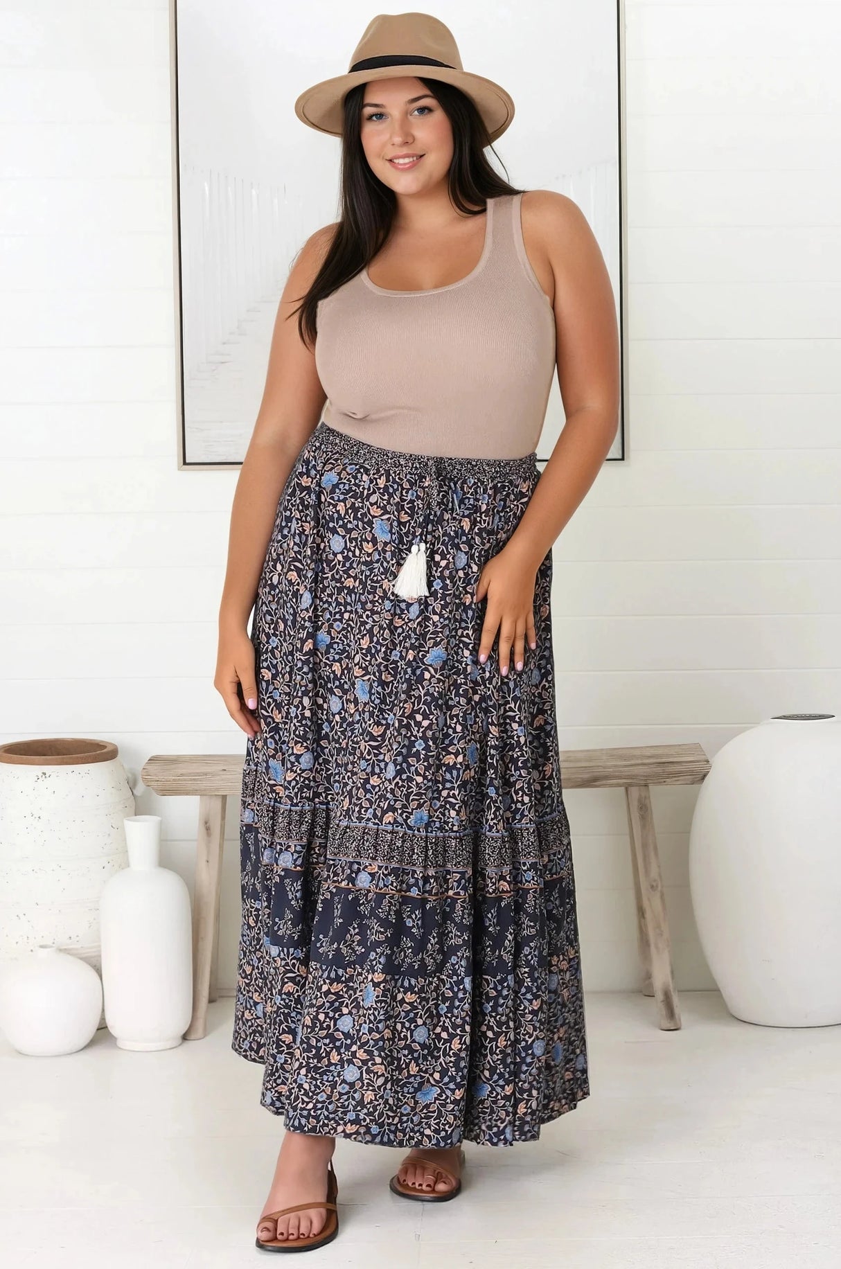 Delany Maxi Skirt - High Waisted Skirt with Tassel Waist Tie and Front Splits in Floral Print