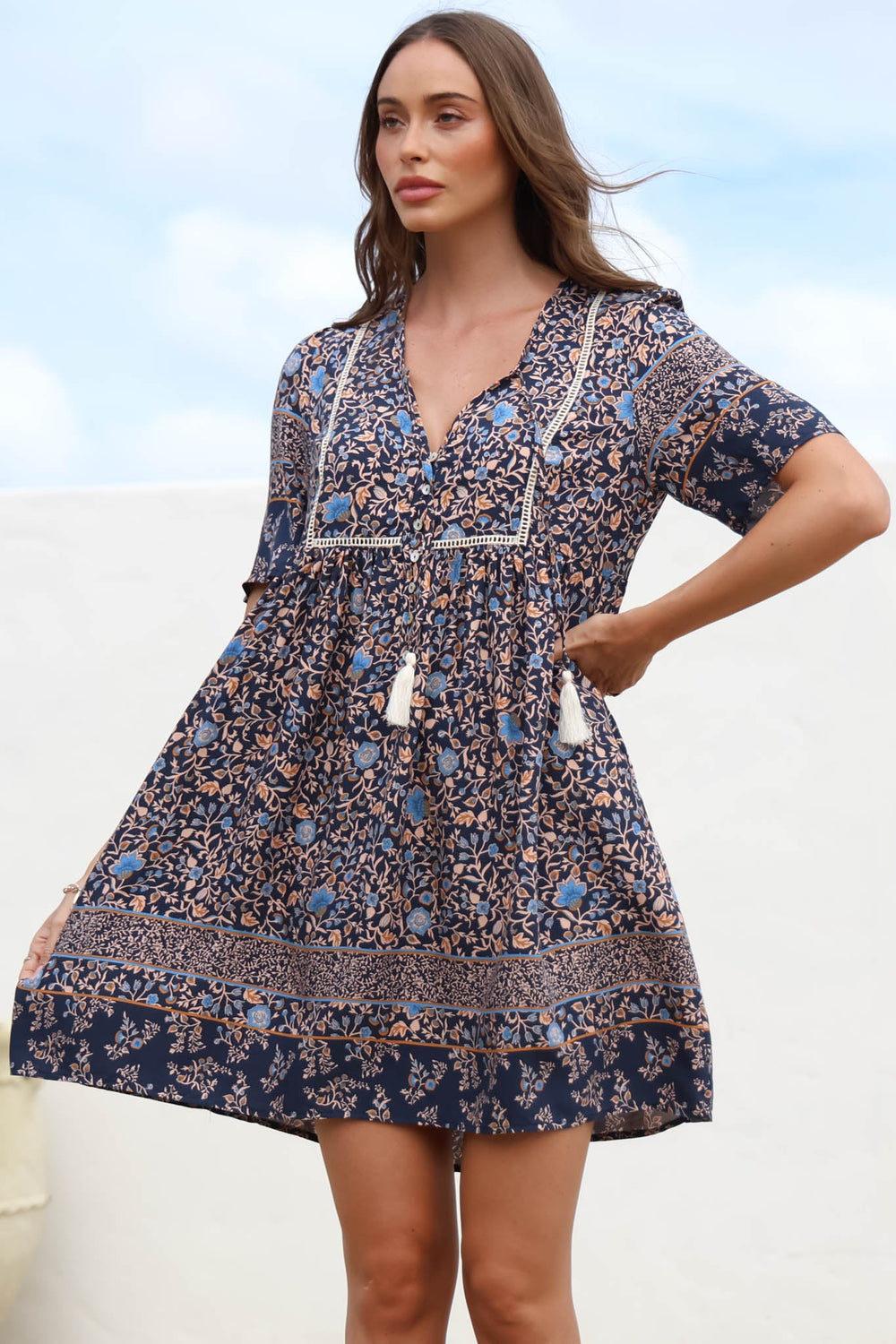 Delany Mini Dress - Short Sleeve Baby Doll Dress in Floral Print