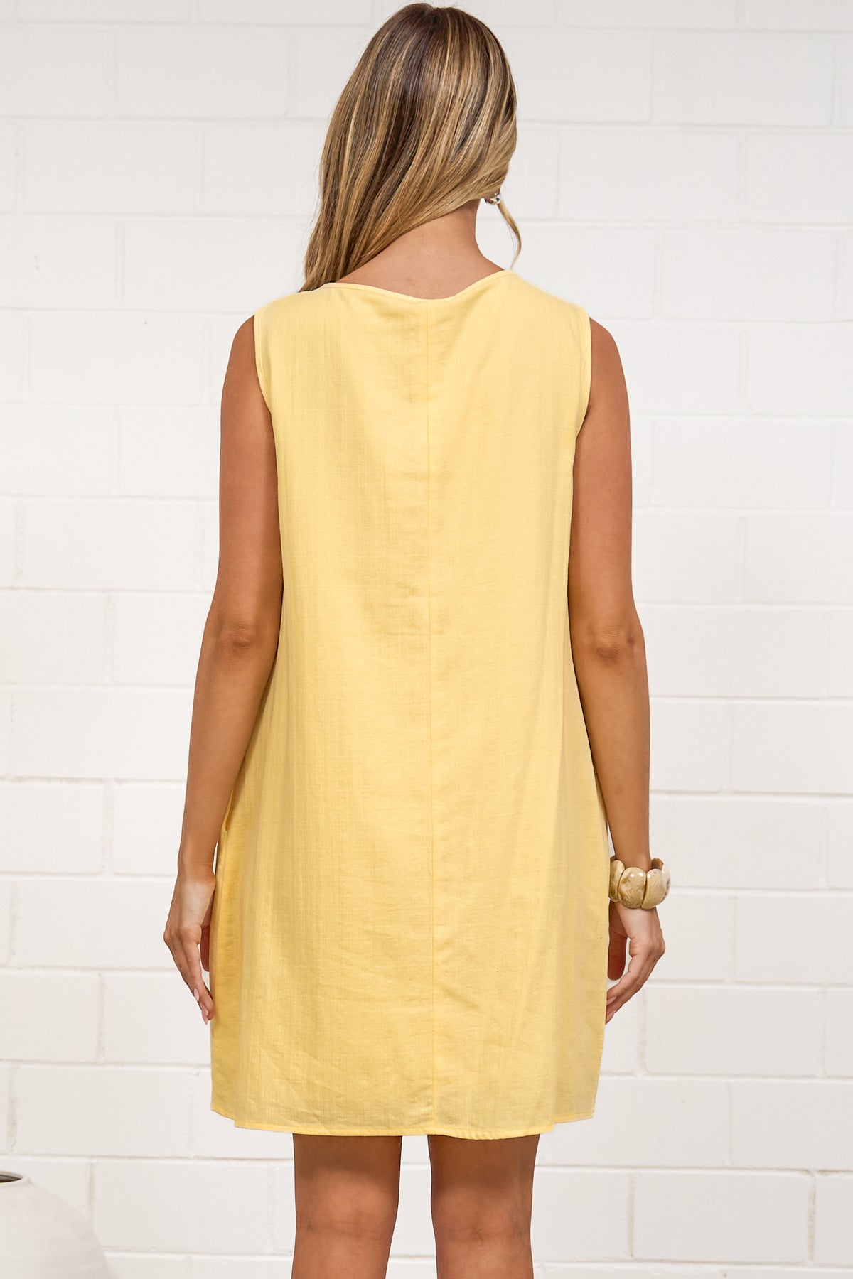 Della Mini Dress - Round Neck Tie Up Bodice Sleeveless Dress in Yellow