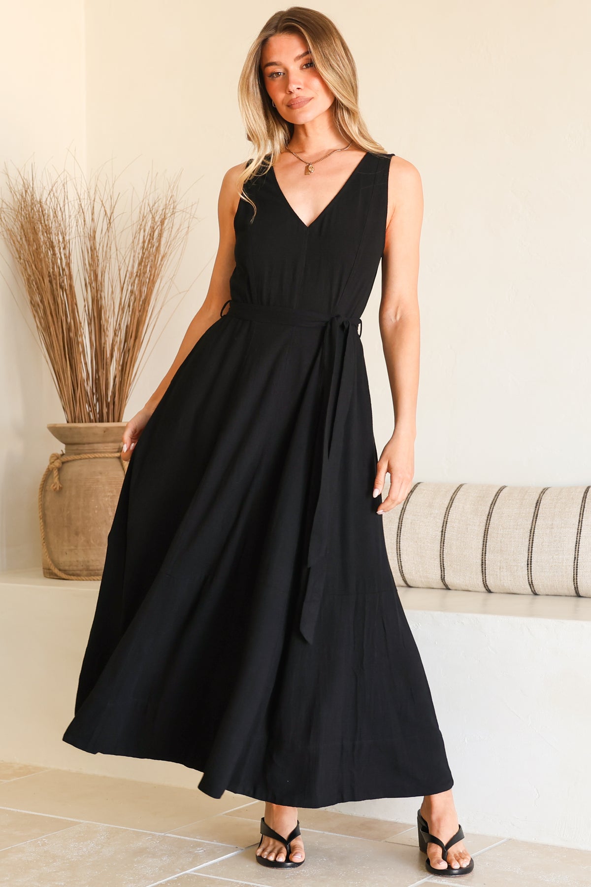 Delphy Midi Dress - Linen V Neck Sleeveless A-Line Dress with Waist Tie in Black