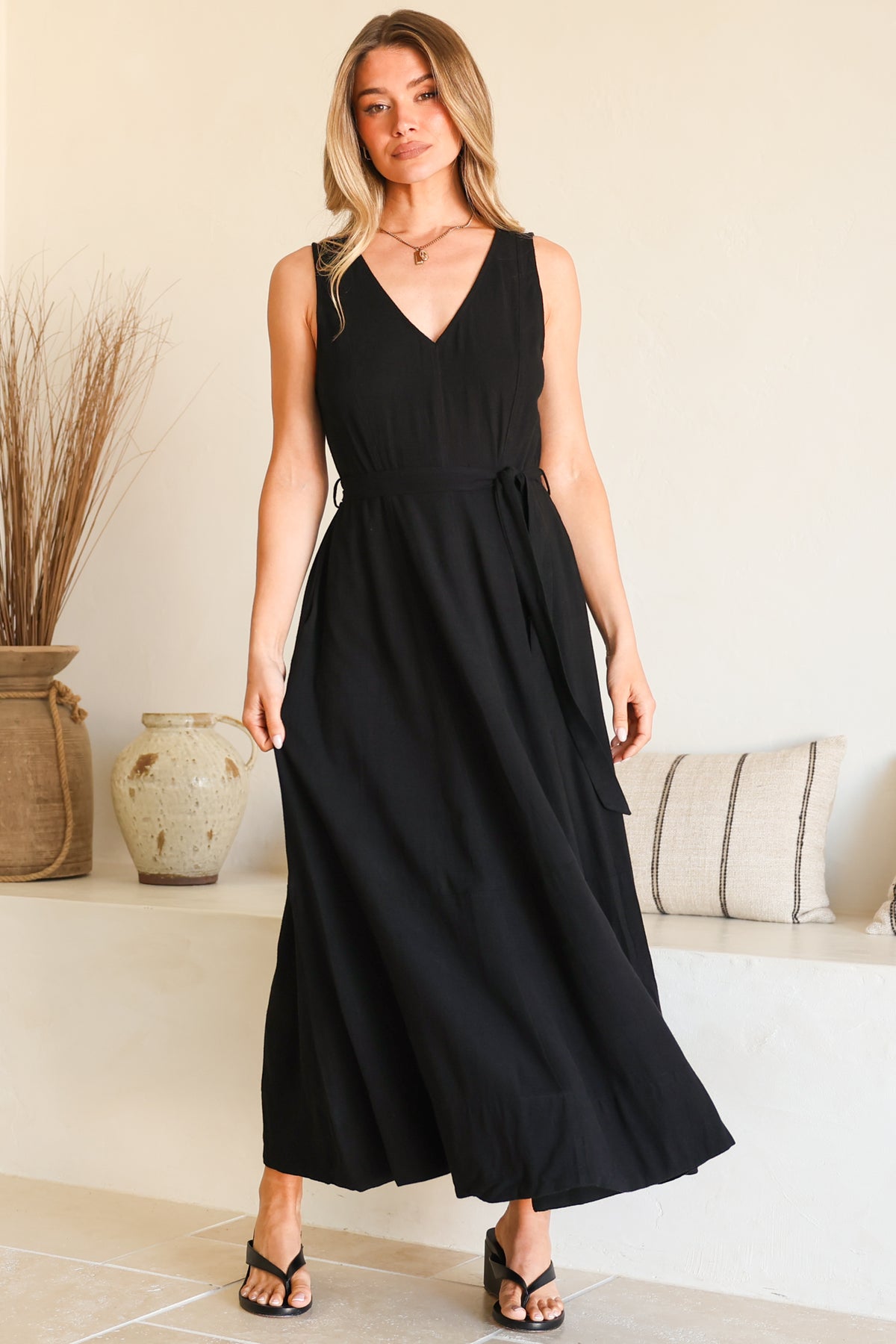 Delphy Midi Dress - Linen V Neck Sleeveless A-Line Dress with Waist Tie in Black