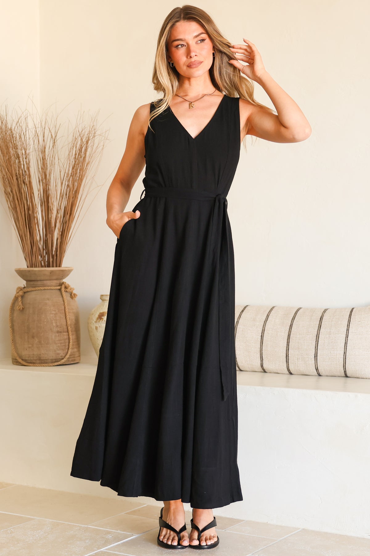 Delphy Midi Dress - Linen V Neck Sleeveless A-Line Dress with Waist Tie in Black