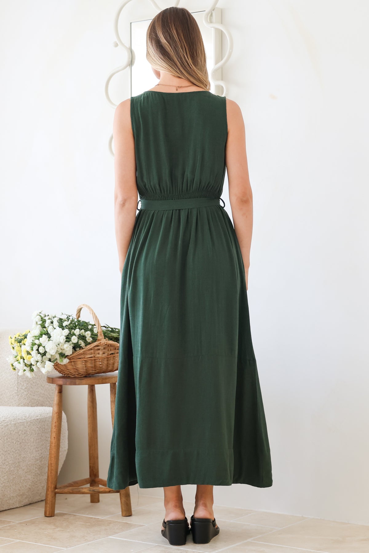 Delphy Midi Dress - Linen V Neck Sleeveless A-Line Dress with Waist Tie in Emerald