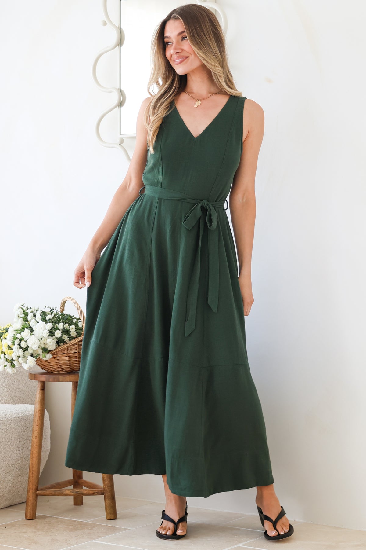 Delphy Midi Dress - Linen V Neck Sleeveless A-Line Dress with Waist Tie in Emerald
