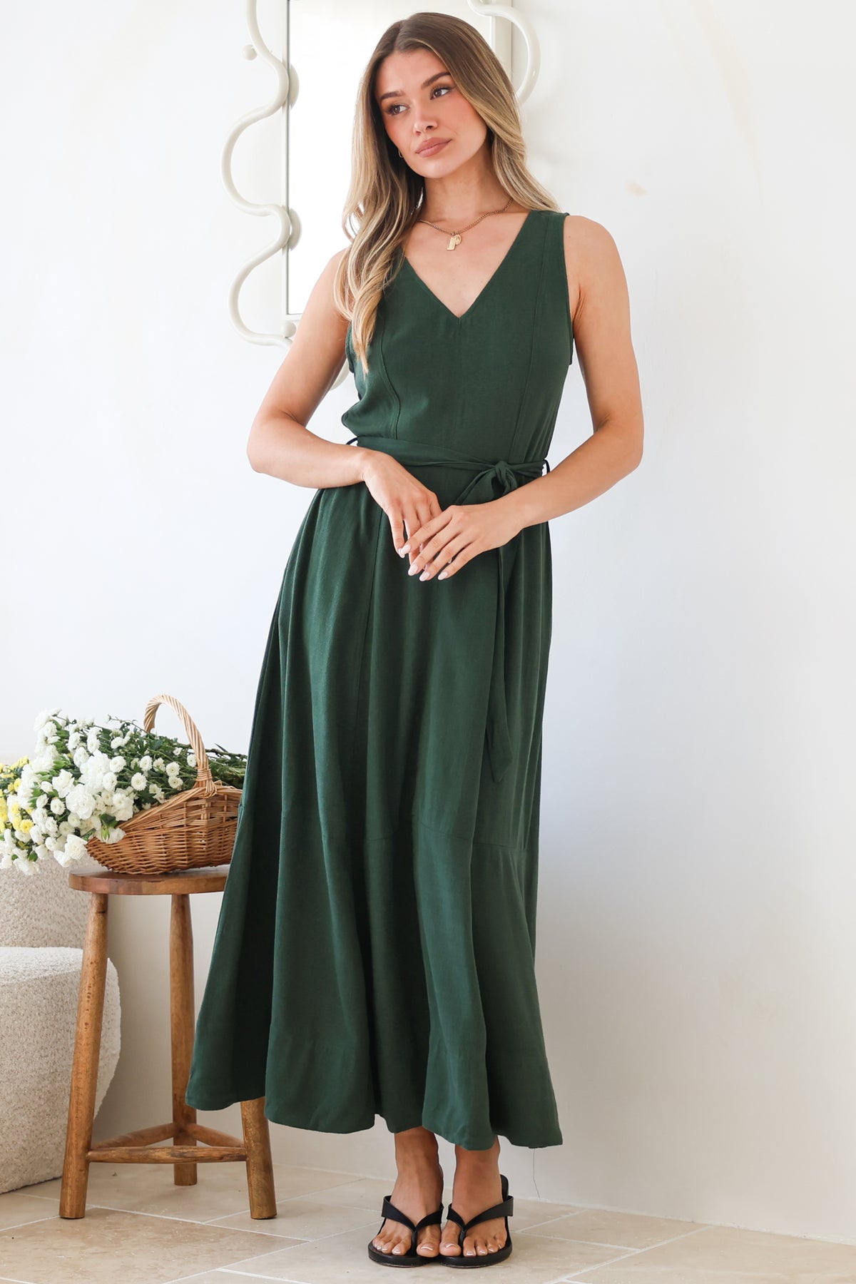 Delphy Midi Dress - Linen V Neck Sleeveless A-Line Dress with Waist Tie in Emerald