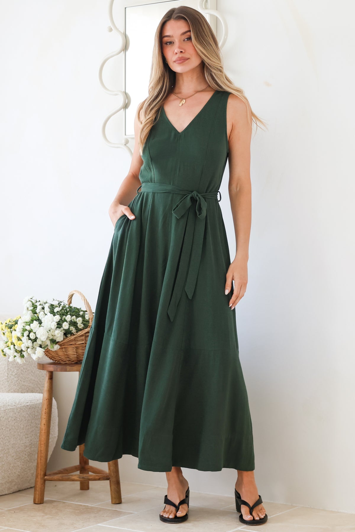 Delphy Midi Dress - Linen V Neck Sleeveless A-Line Dress with Waist Tie in Emerald