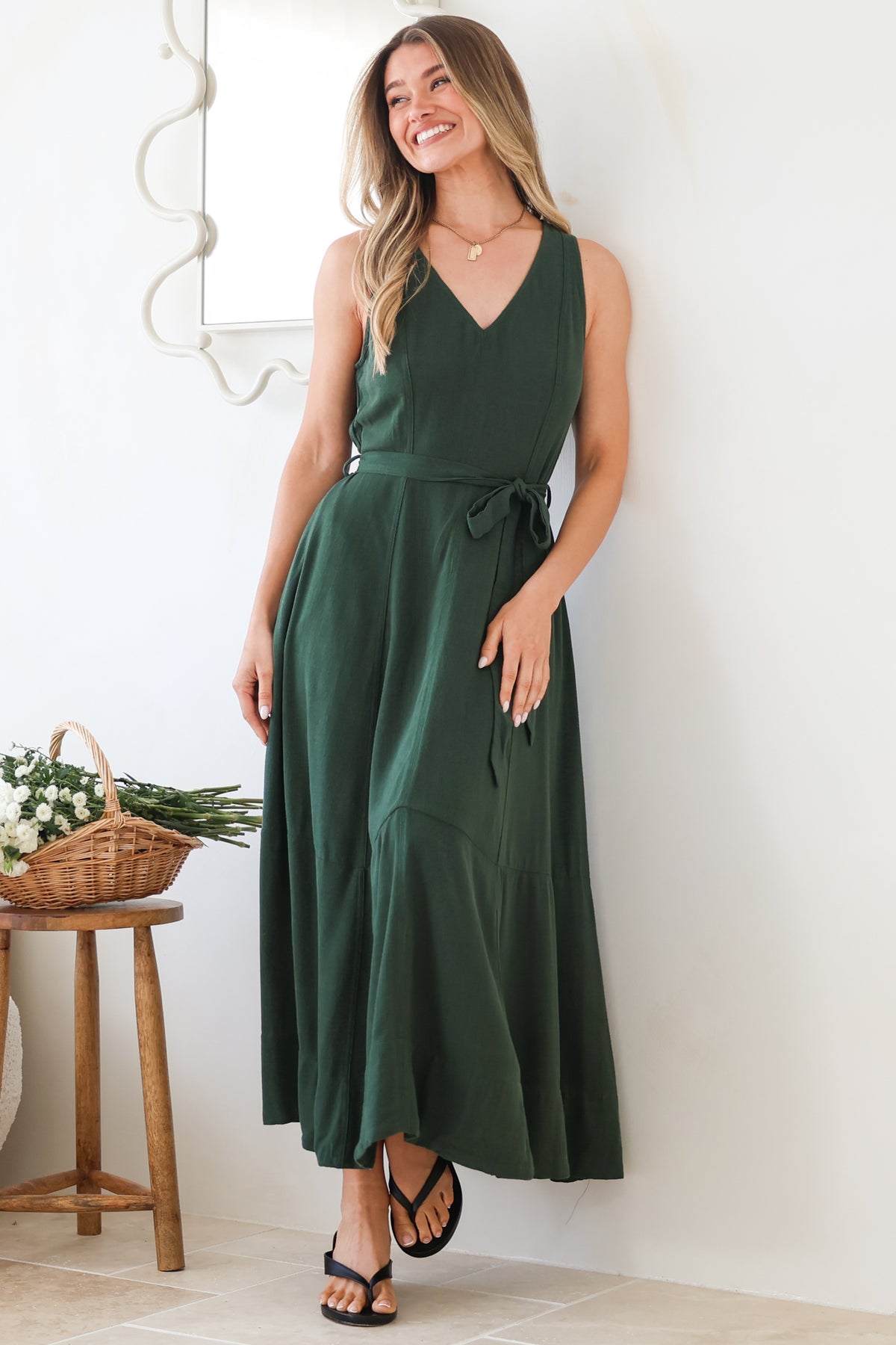 Delphy Midi Dress - Linen V Neck Sleeveless A-Line Dress with Waist Tie in Emerald