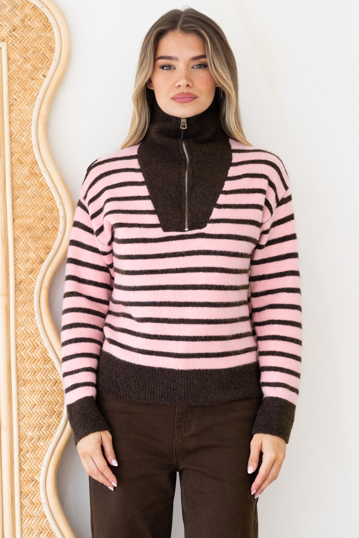 Dennis Jumper - Chunky Collar with Zipper Stripe Jumper in Pink/Chocolate