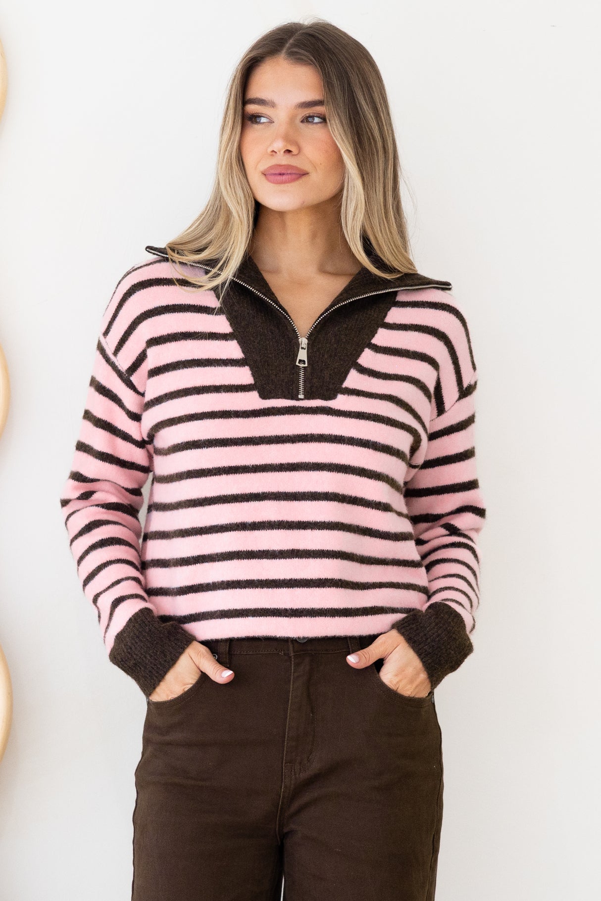 Dennis Jumper - Chunky Collar with Zipper Stripe Jumper in Pink/Chocolate