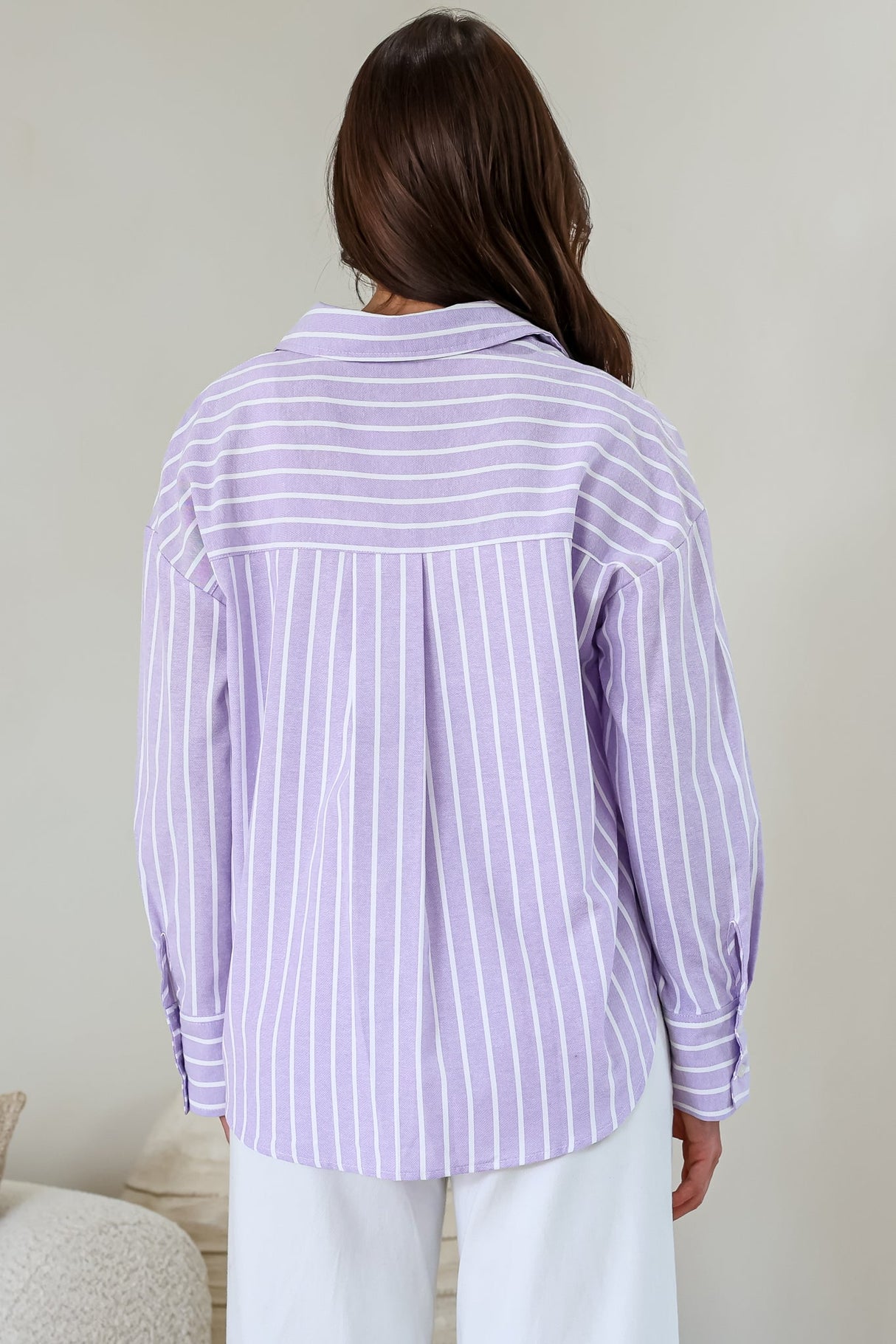 Denver Shirt - Wing Collar Button Down Striped Cotton Shirt with Scoop Hemline in Lilac