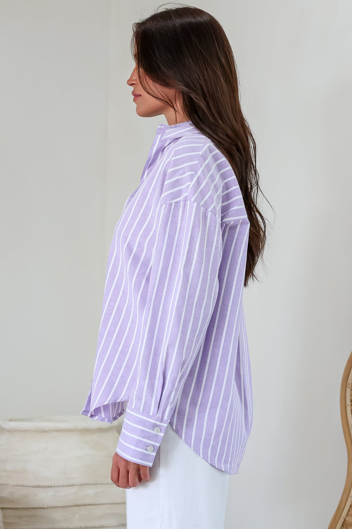 Denver Shirt - Wing Collar Button Down Striped Cotton Shirt with Scoop Hemline in Lilac