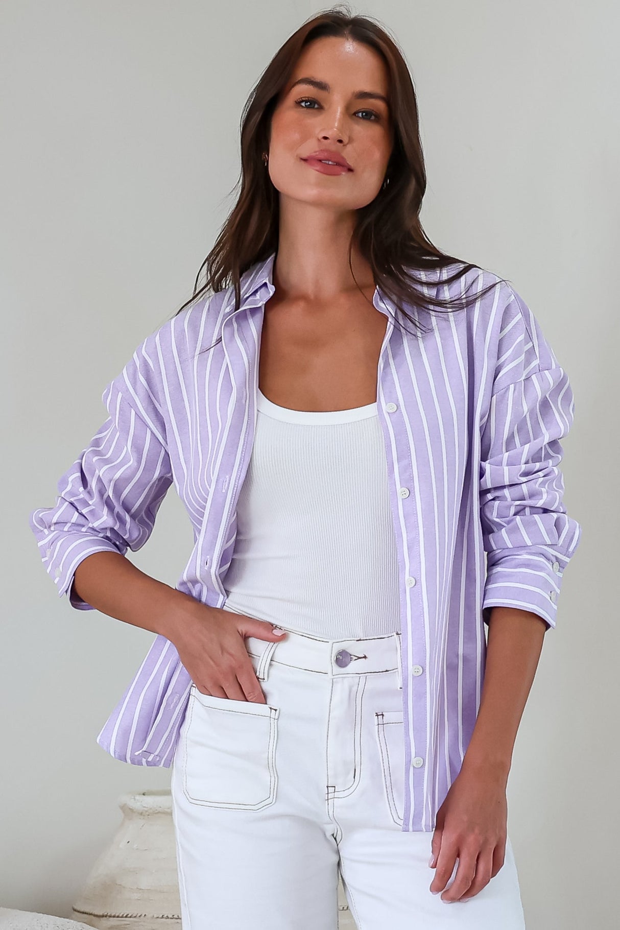 Denver Shirt - Wing Collar Button Down Striped Cotton Shirt with Scoop Hemline in Lilac