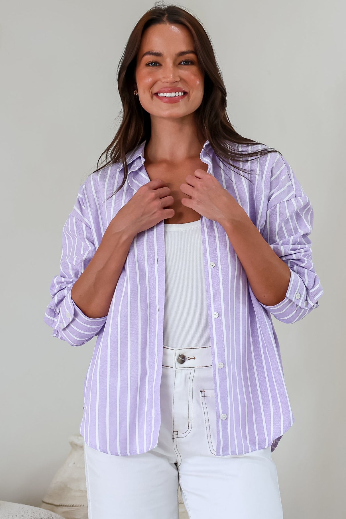 Denver Shirt - Wing Collar Button Down Striped Cotton Shirt with Scoop Hemline in Lilac