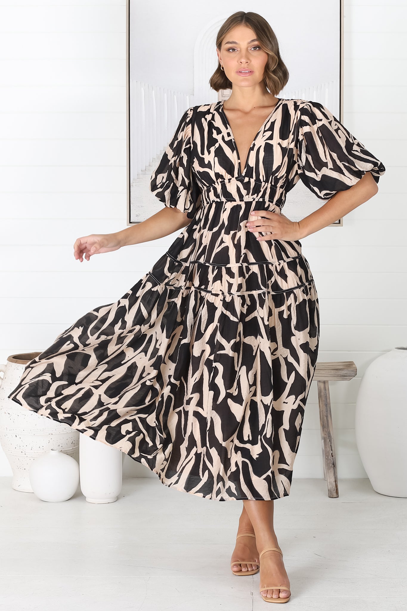 Deserae Midi Dress - Exaggerated Balloon Sleeve Tiered Dress with Piping Splicing in Kass Print