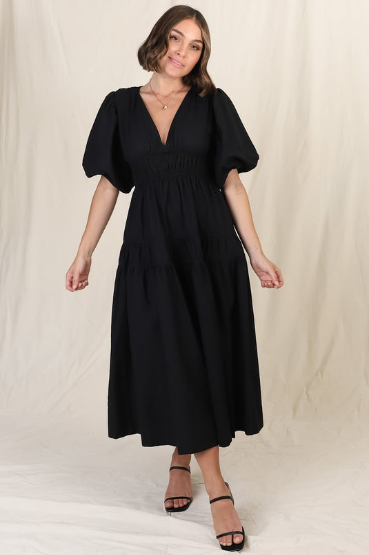 Deserae Midi Dress - Exaggerated Balloon Sleeve Tiered Dress with Piping Splicing in Black