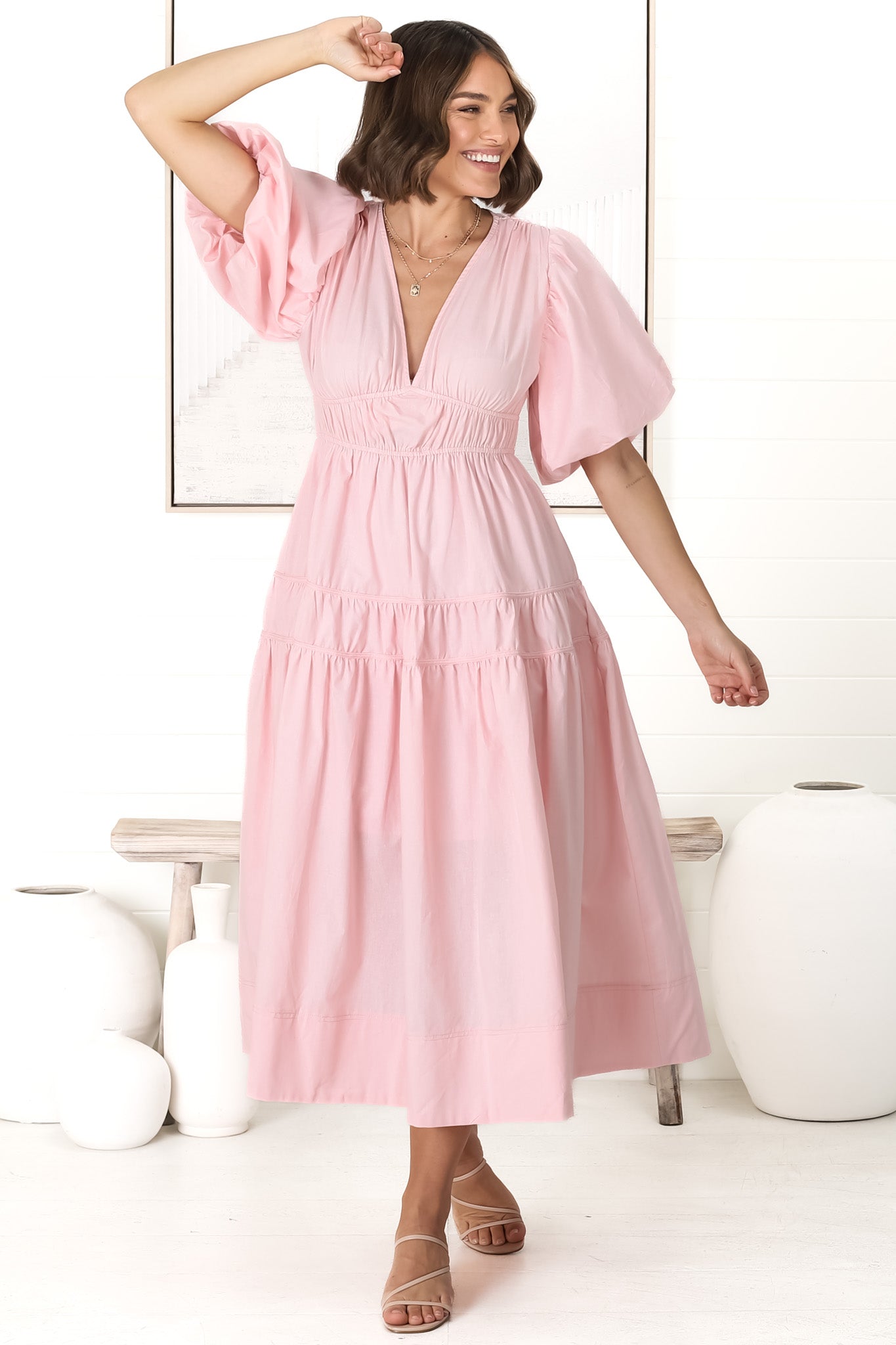 Deserae Midi Dress - Exaggerated Balloon Sleeve Tiered Dress with Piping Splicing in Light Pink