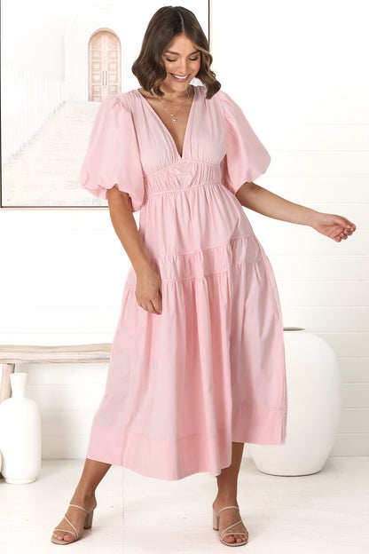 Deserae Midi Dress - Exaggerated Balloon Sleeve Tiered Dress with Piping Splicing in Light Pink