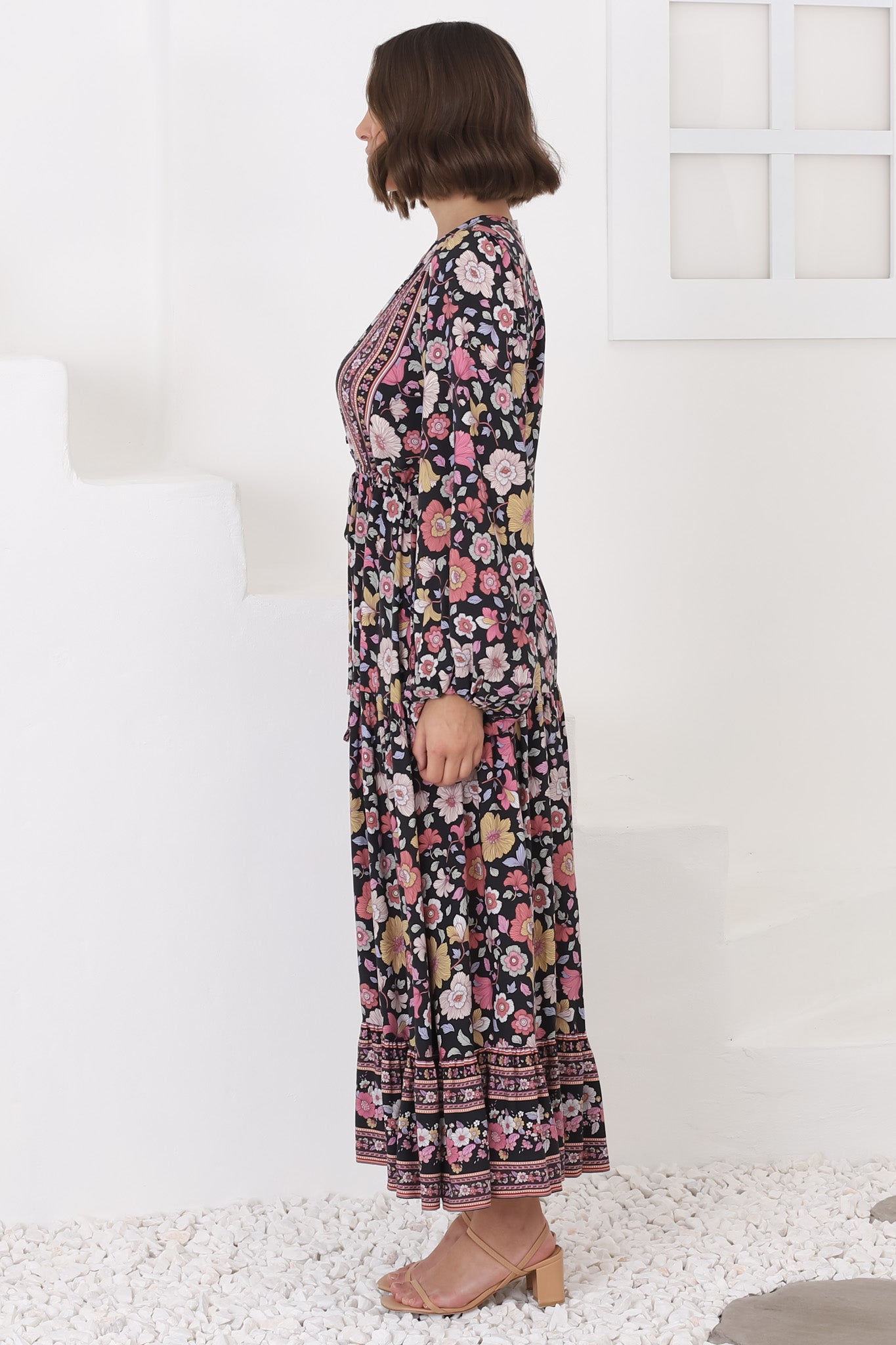 Devika Maxi Dress - Pull In Waist A Line Dress in Anissa Print Black