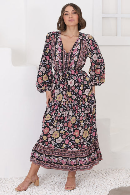 Devika Maxi Dress - Pull In Waist A Line Dress in Anissa Print Black