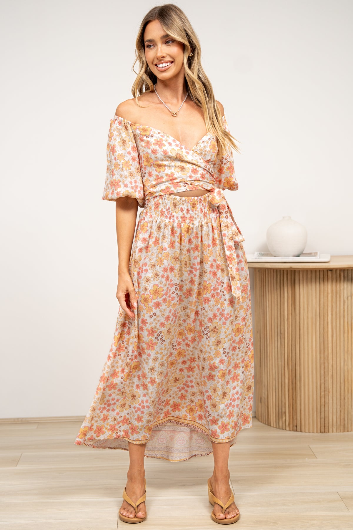 Devlin Midi Dress - Tie Up A-Line Dress with Elasticated Bodice in Noelia Print