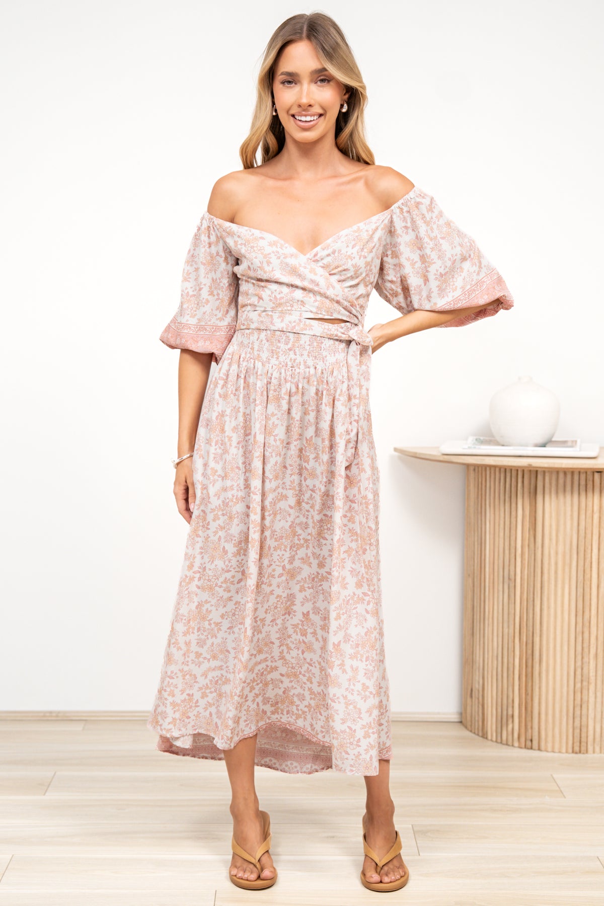 Devlin Midi Dress - Tie Up A-Line Dress with Elasticated Bodice in Narelle Print