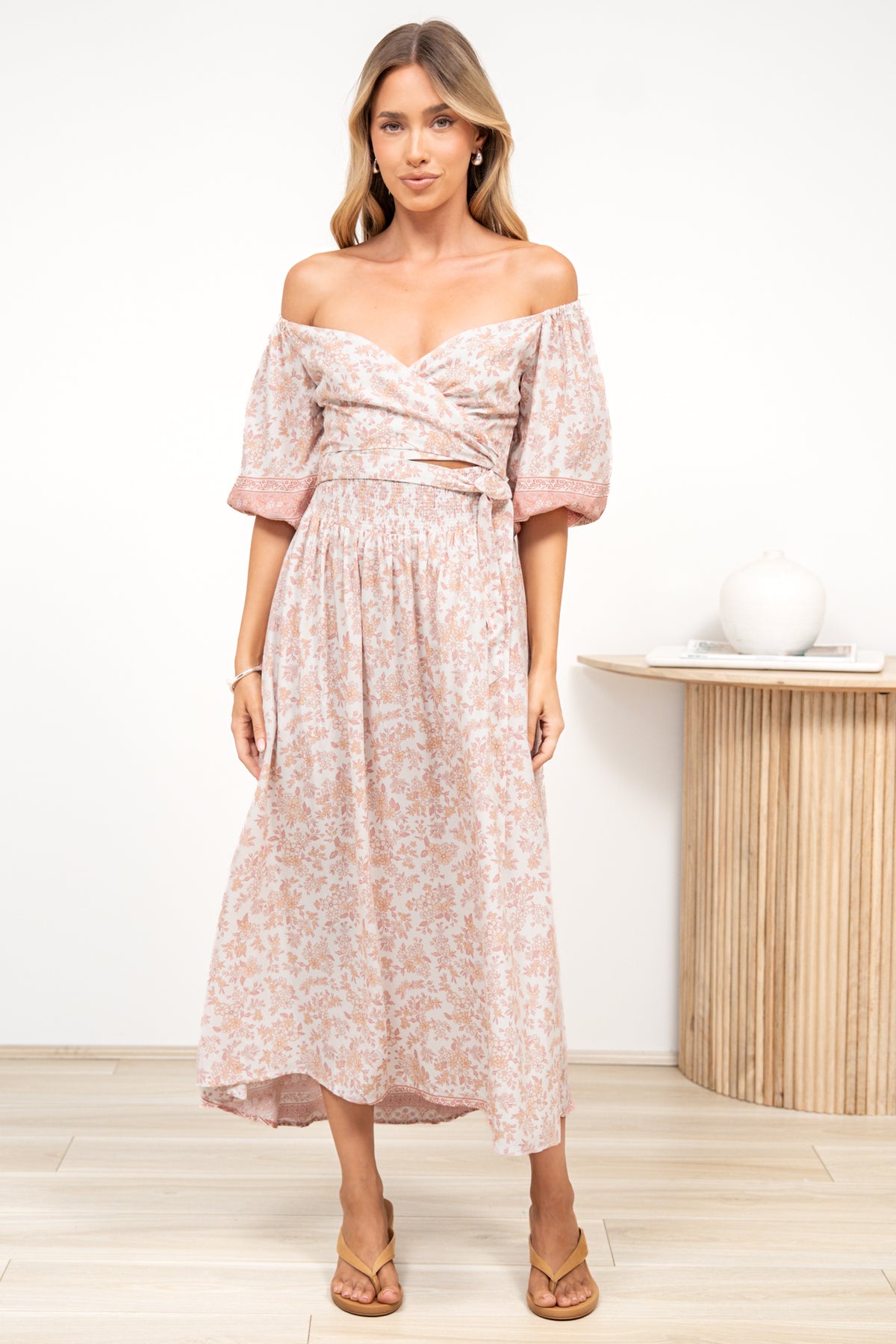 Devlin Midi Dress - Tie Up A-Line Dress with Elasticated Bodice in Narelle Print