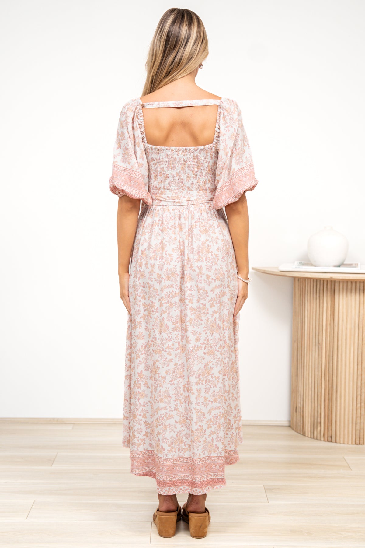 Devlin Midi Dress - Tie Up A-Line Dress with Elasticated Bodice in Narelle Print
